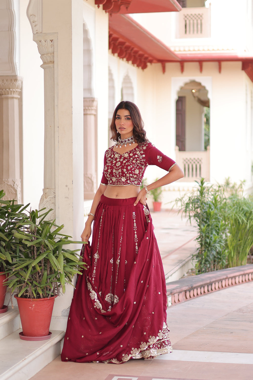 Rumi maroon Vichitra silk lehenga choli with heavy sequins thread embroidery