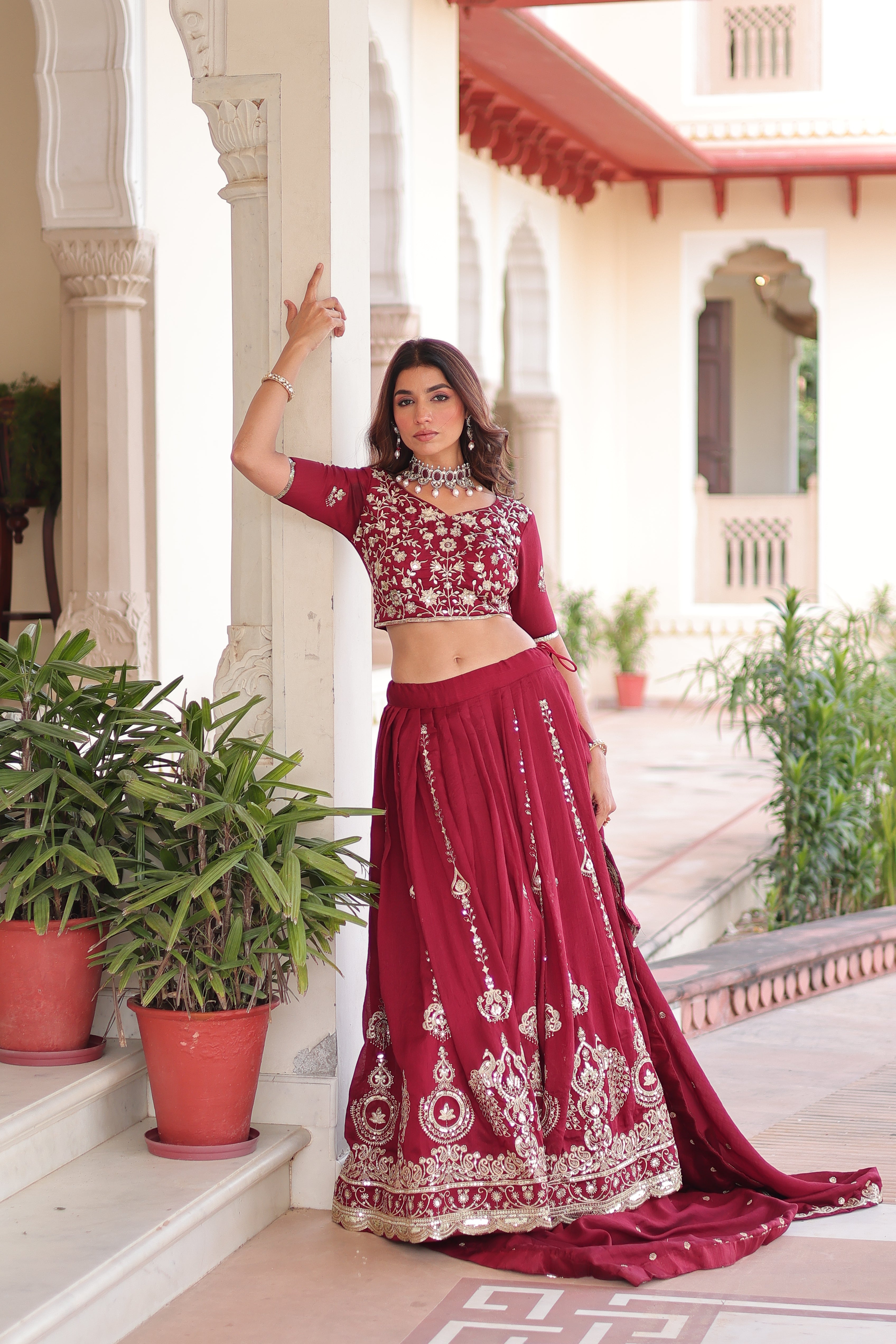 Rumi maroon Vichitra silk lehenga choli with heavy sequins thread embroidery