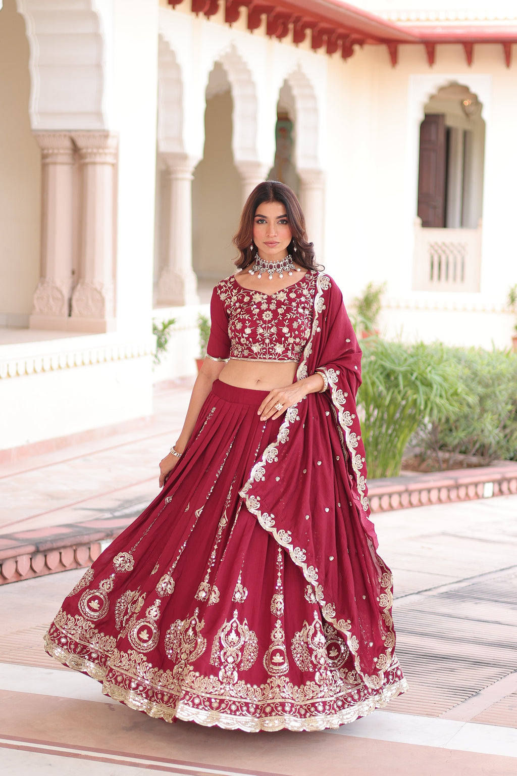 Rumi maroon Vichitra silk lehenga choli with heavy sequins thread embroidery