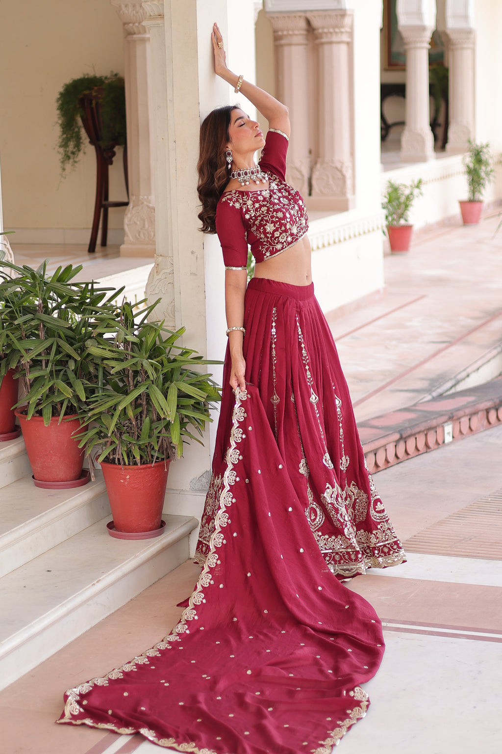 Rumi maroon Vichitra silk lehenga choli with heavy sequins thread embroidery