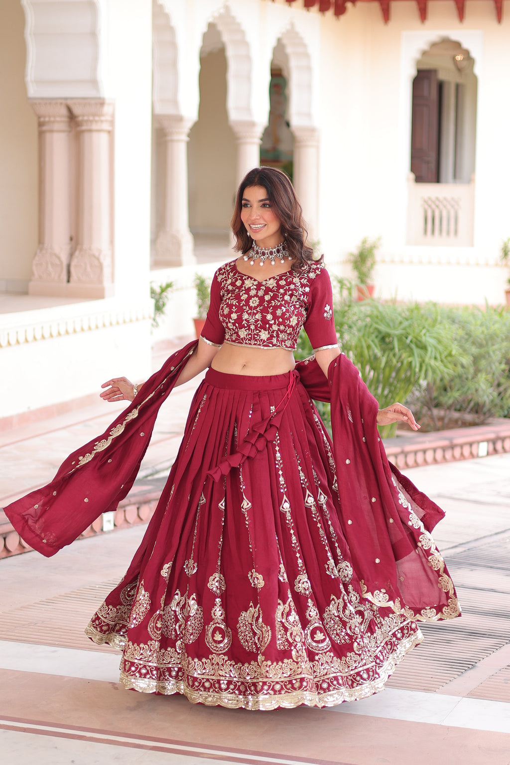 Rumi maroon Vichitra silk lehenga choli with heavy sequins thread embroidery