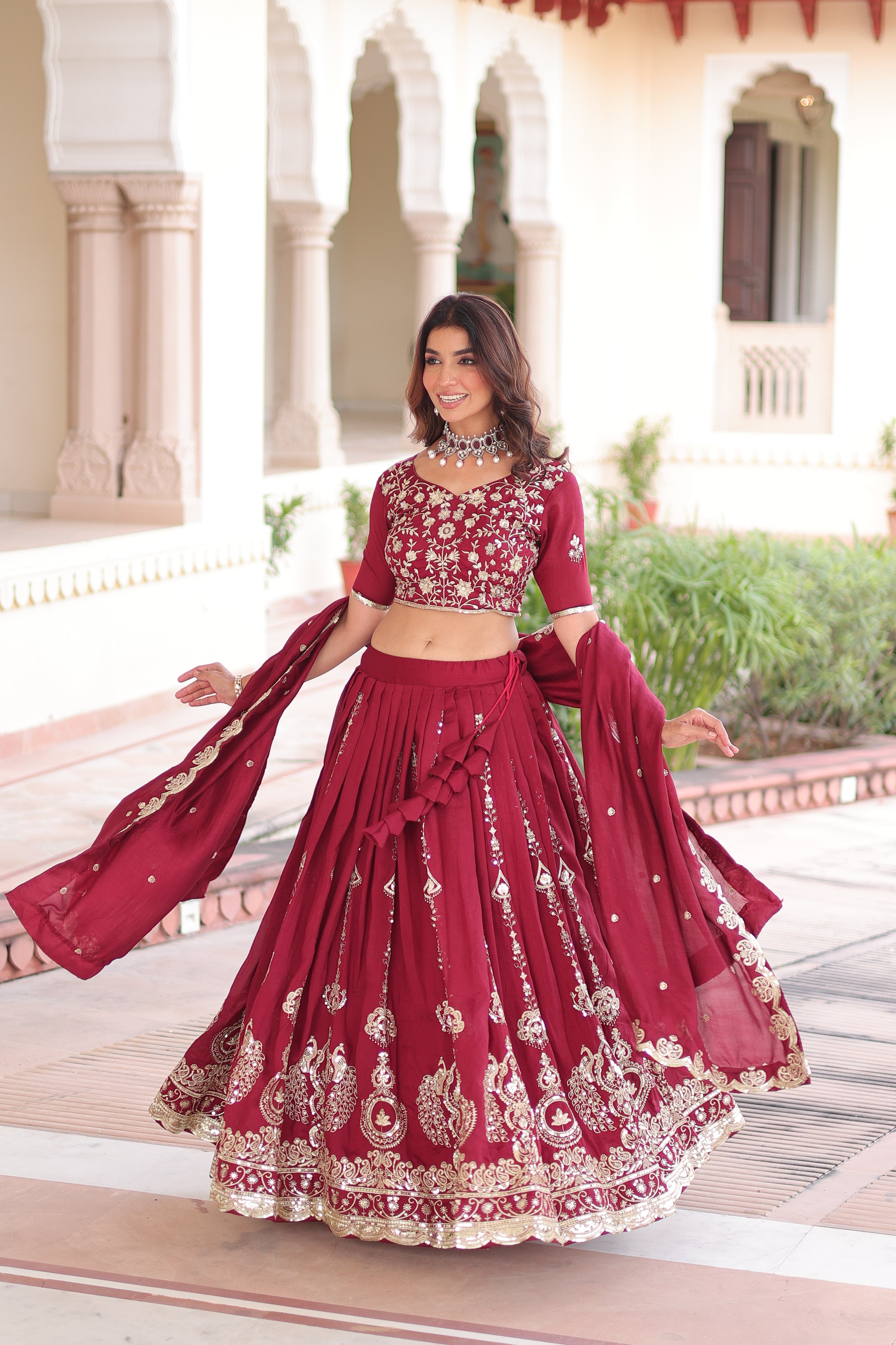 Rumi maroon Vichitra silk lehenga choli with heavy sequins thread embroidery