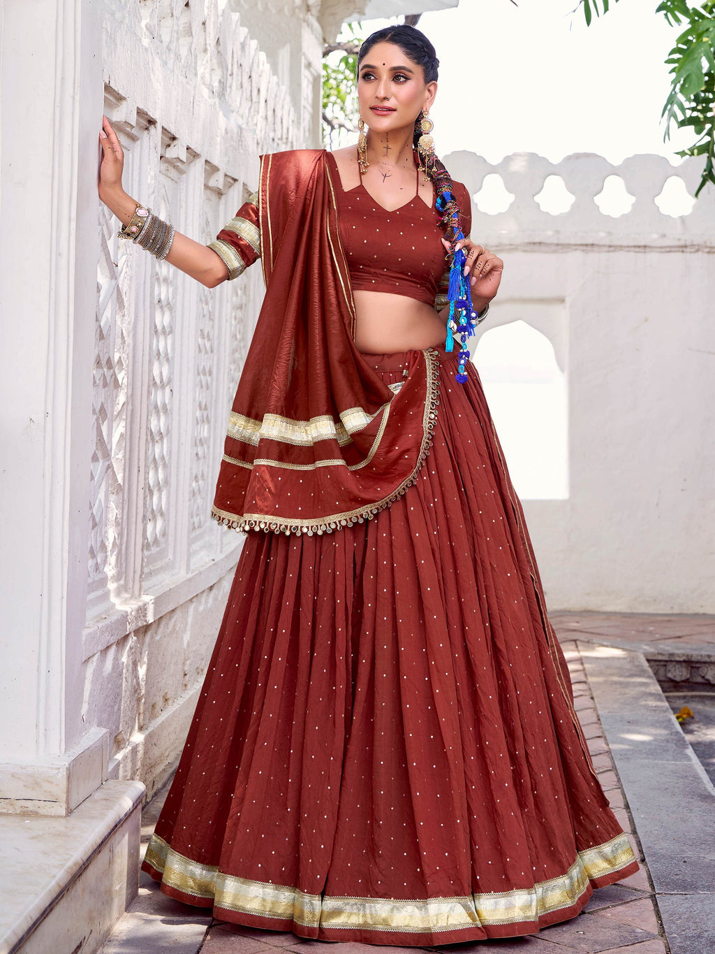 Rust orange pure Chanderi zari weaving embossed lace lehenga choli