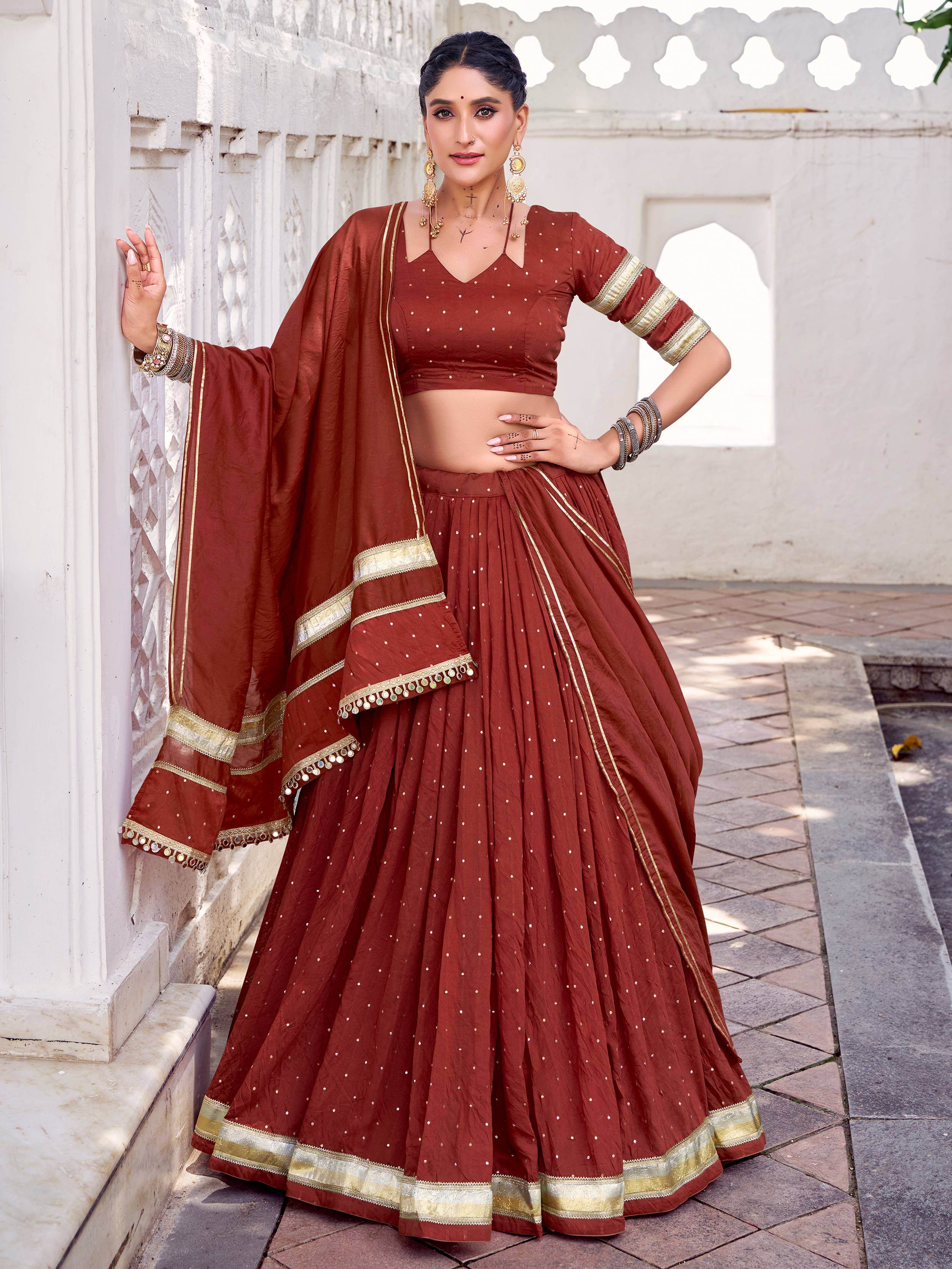 Rust orange pure Chanderi zari weaving embossed lace lehenga choli