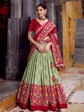 Sage green silk printed lehenga with sequins thread embroidery and dupatta