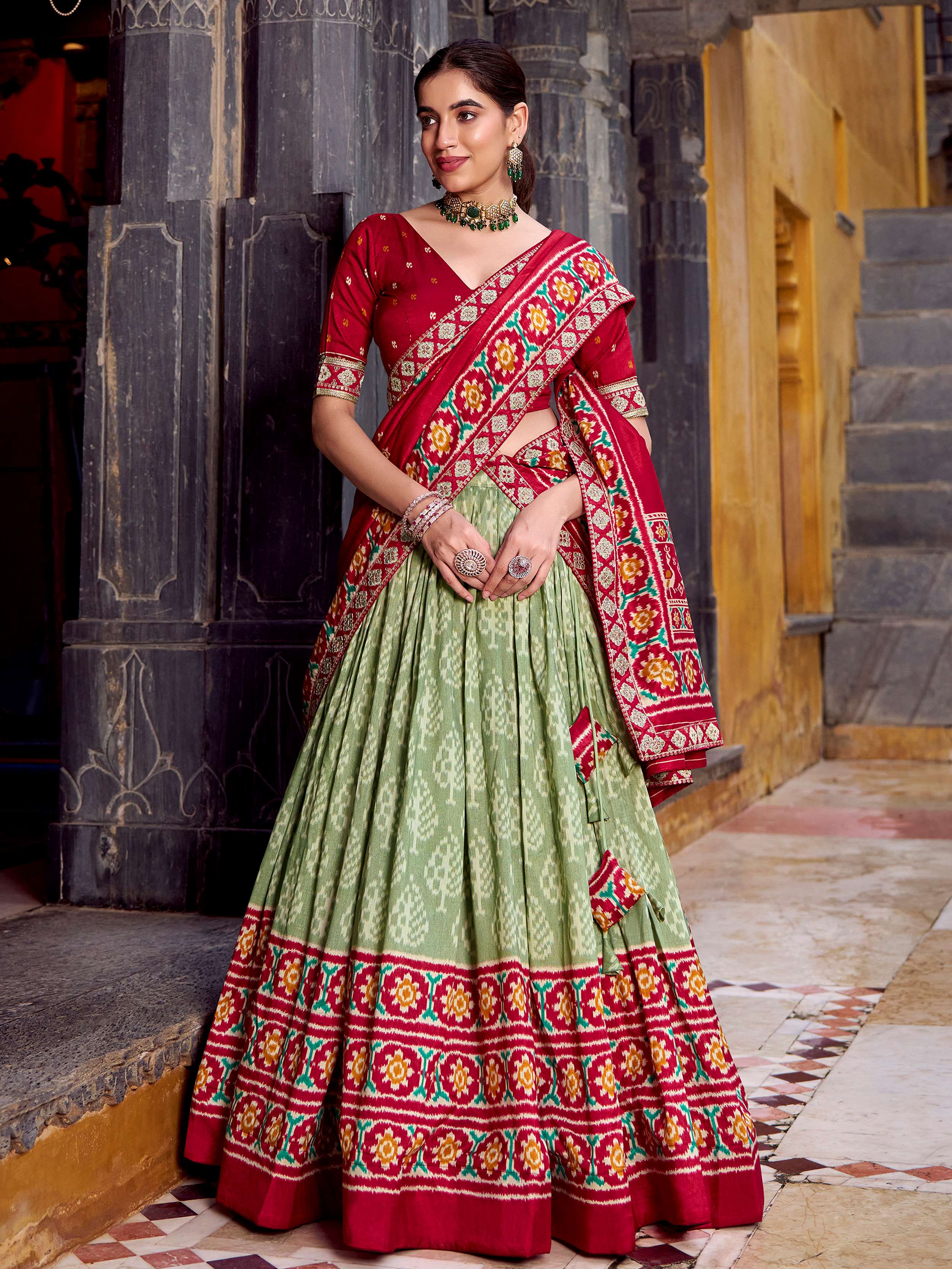 Sage green silk printed lehenga with sequins thread embroidery and dupatta