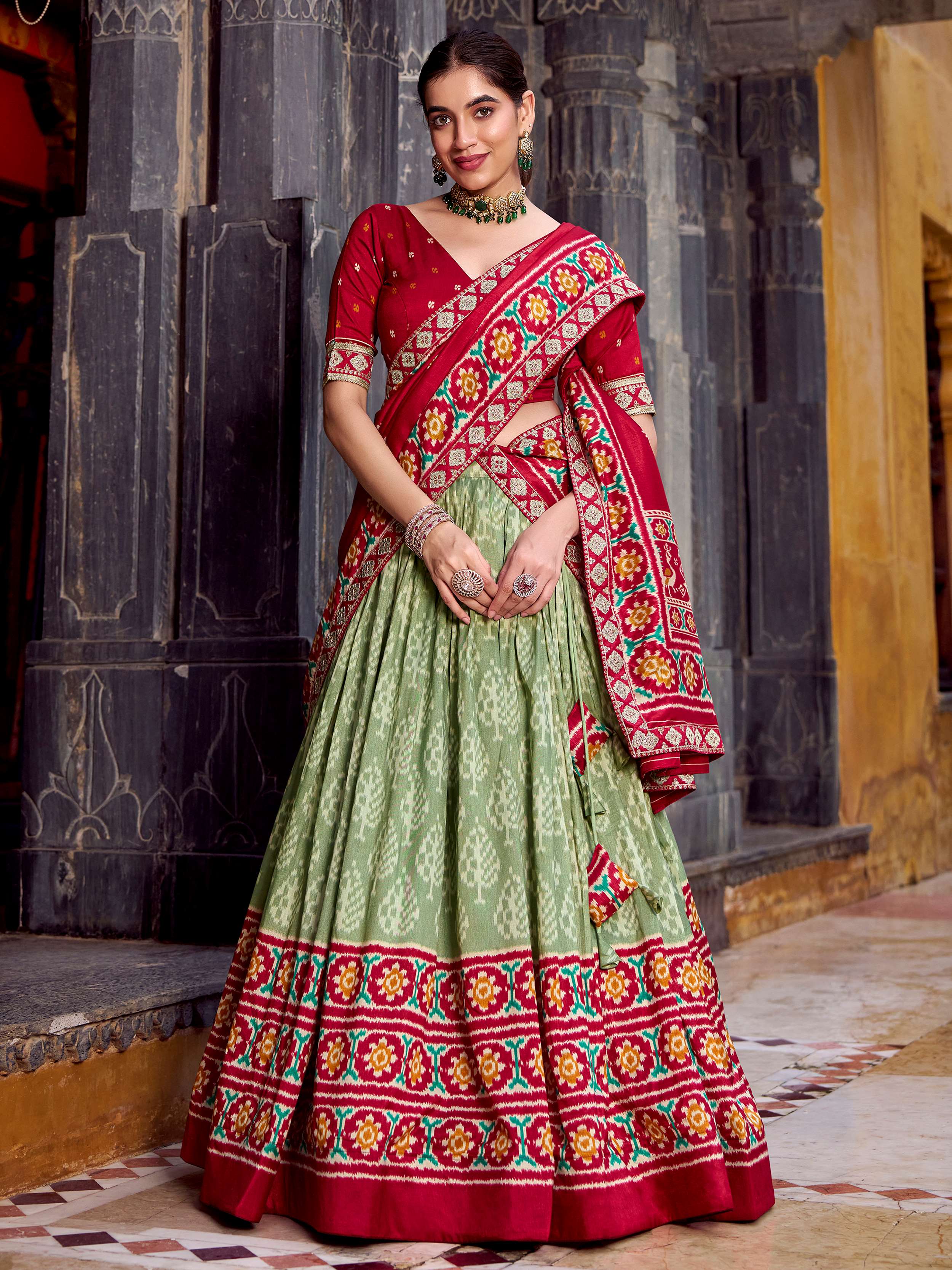 Sage green silk printed lehenga with sequins thread embroidery and dupatta