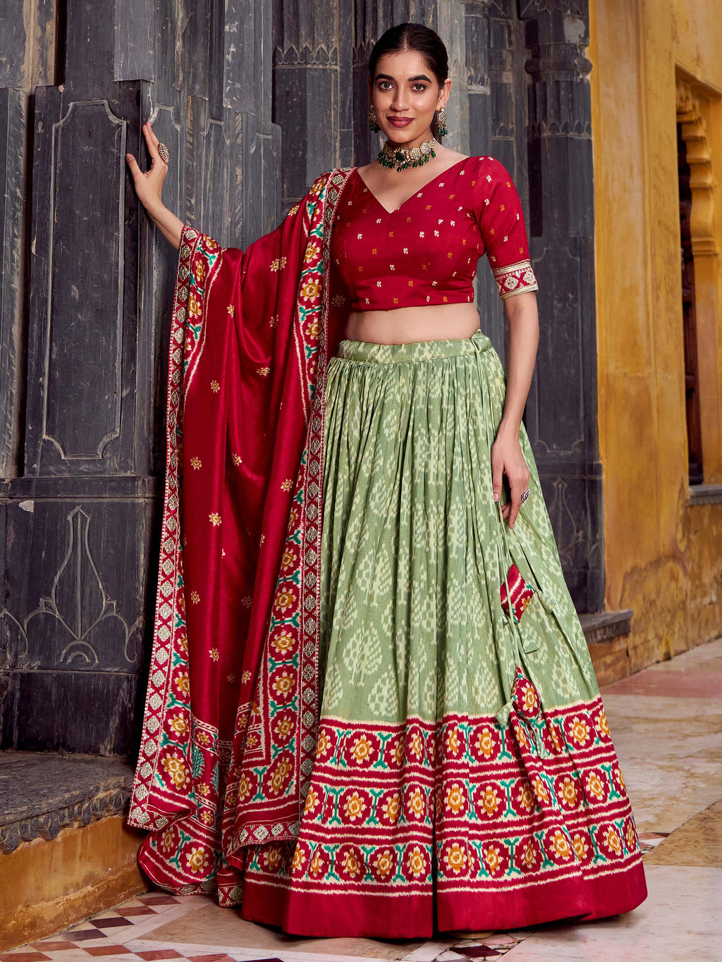 Sage green silk printed lehenga with sequins thread embroidery and dupatta