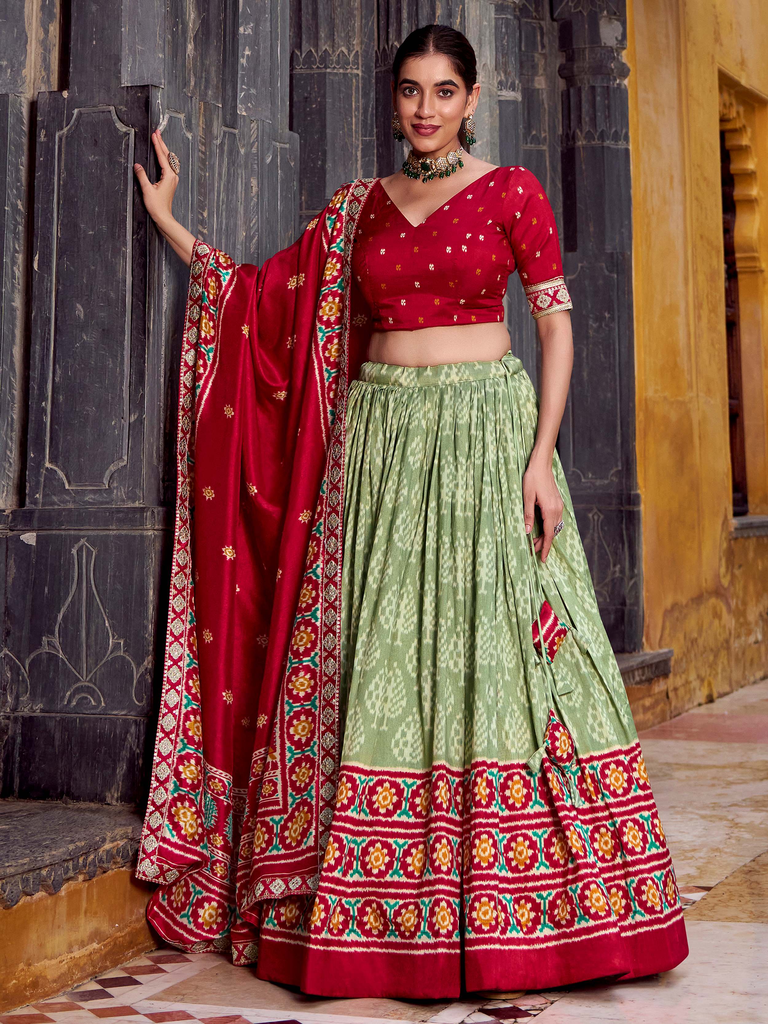 Sage green silk printed lehenga with sequins thread embroidery and dupatta