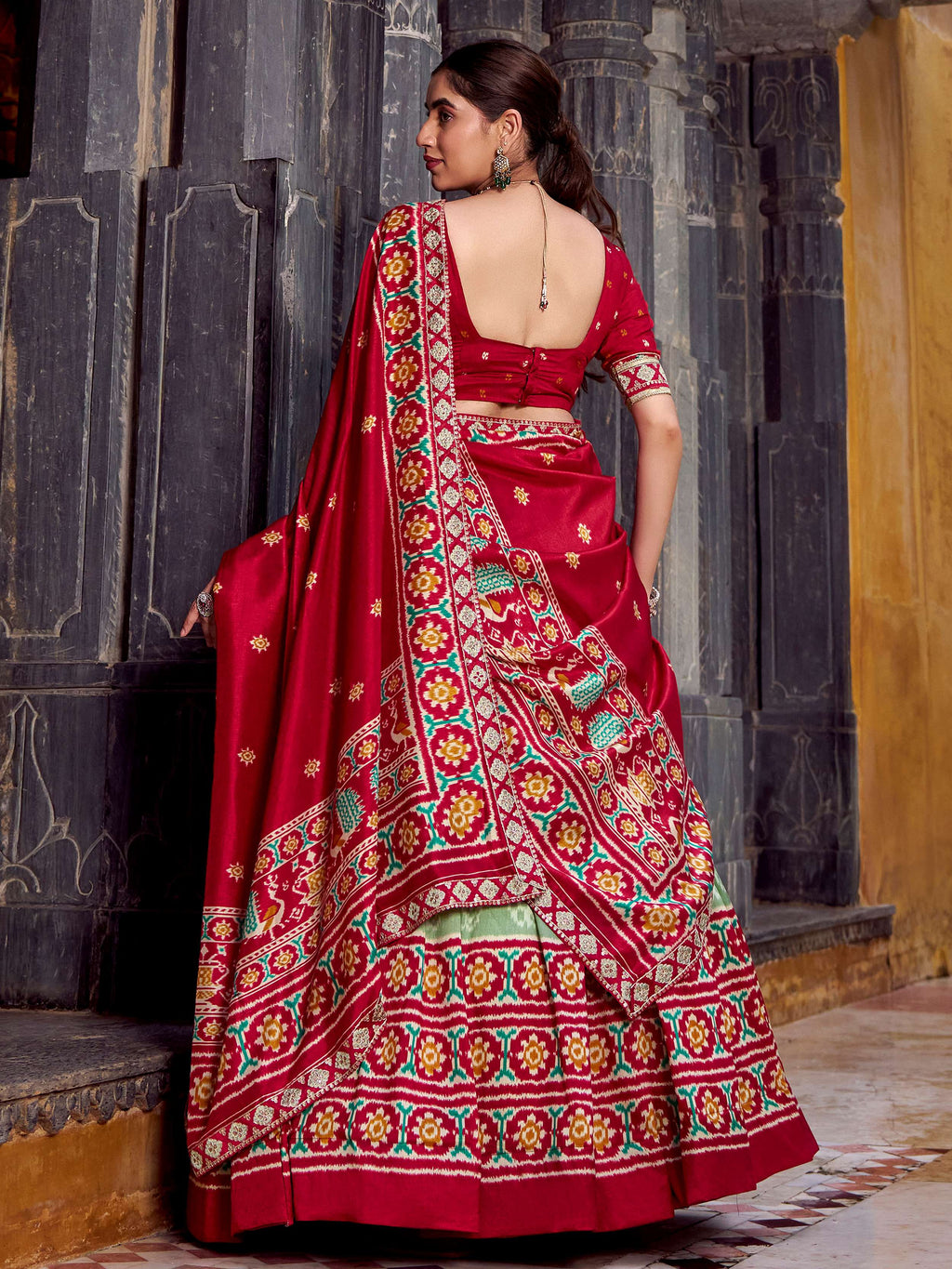 Sage green silk printed lehenga with sequins thread embroidery and dupatta