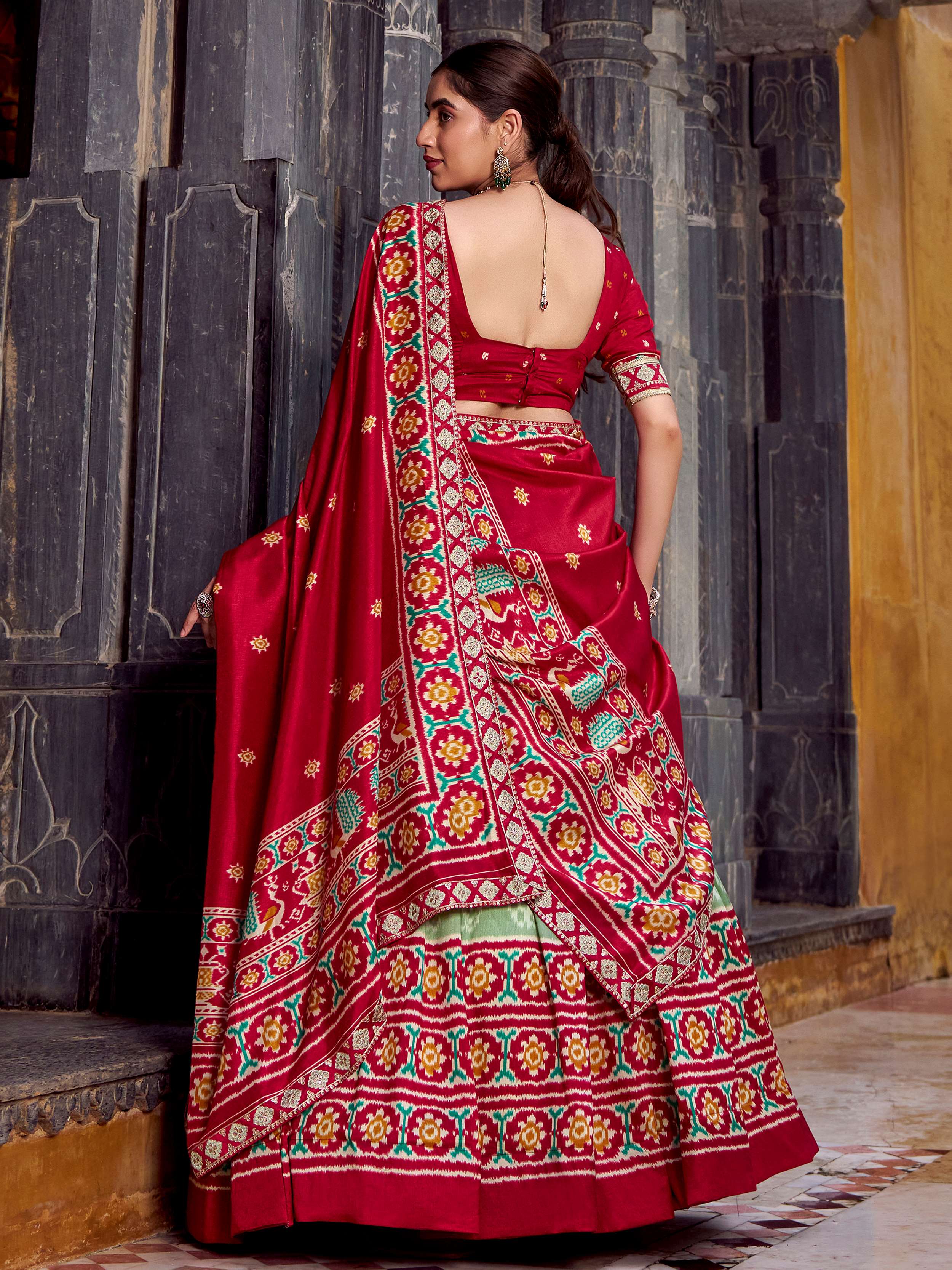 Sage green silk printed lehenga with sequins thread embroidery and dupatta