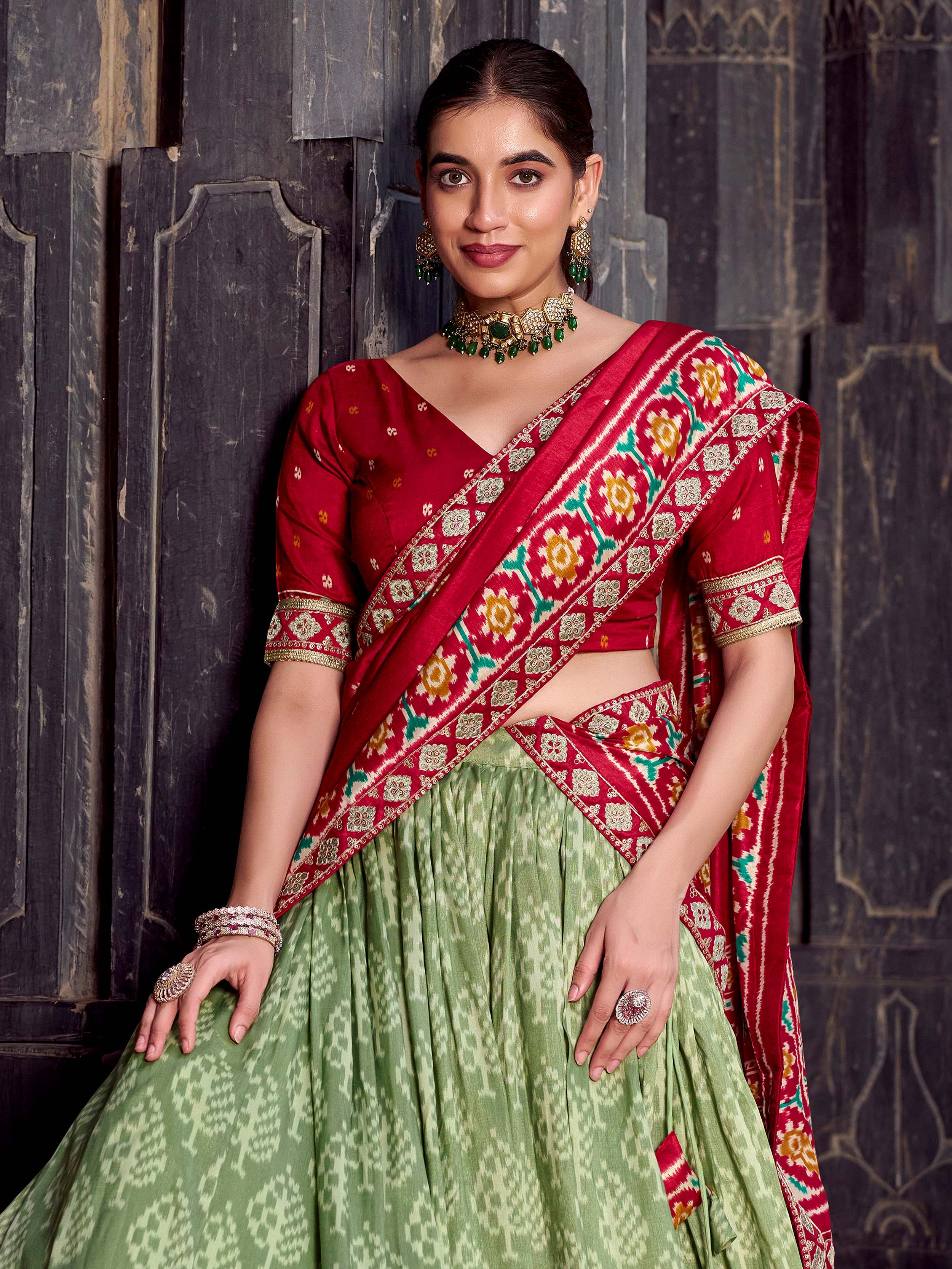 Sage green silk printed lehenga with sequins thread embroidery and dupatta