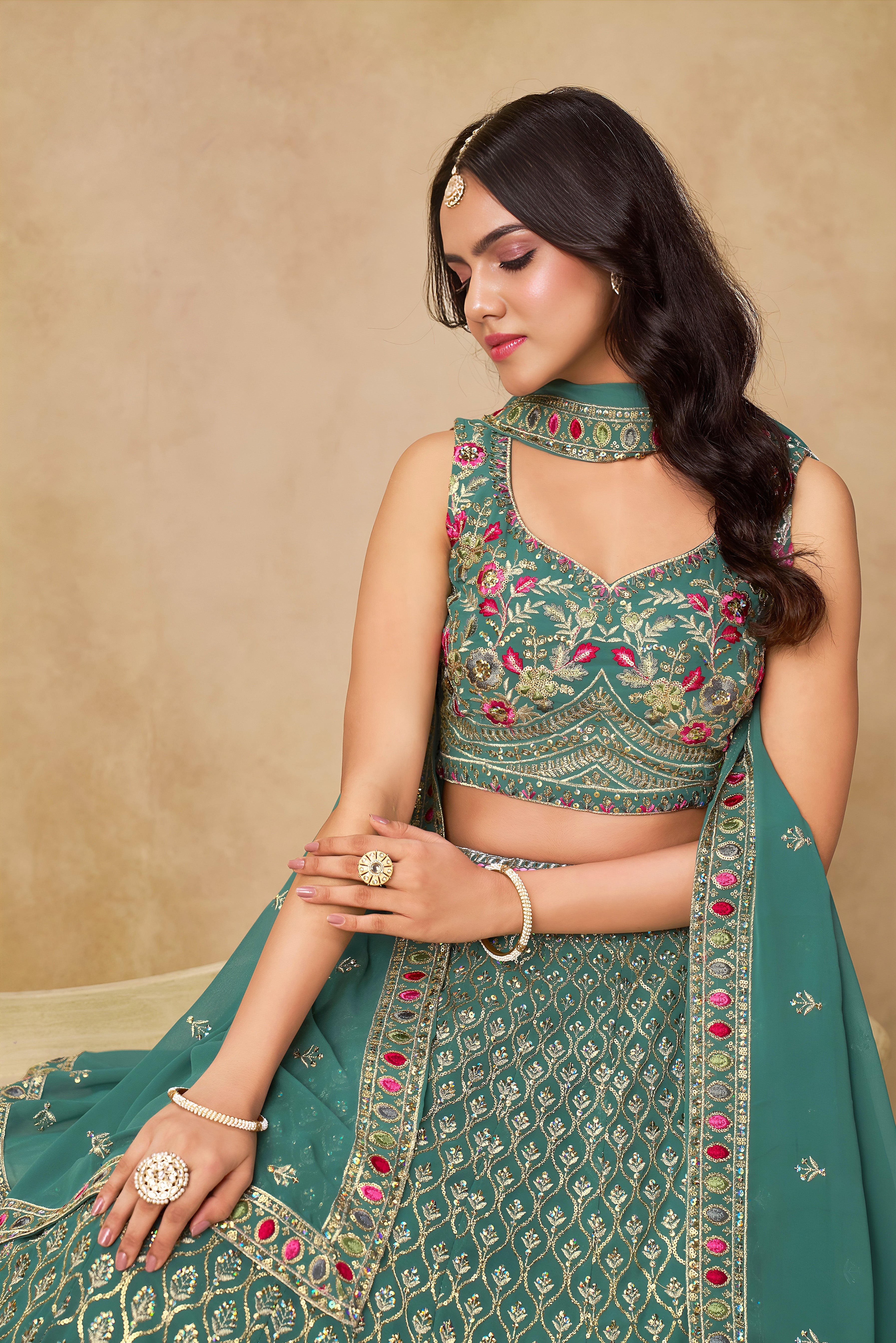 Sakhi blue soft georgette lehenga choli with sequins zari resham and badla embroidery work