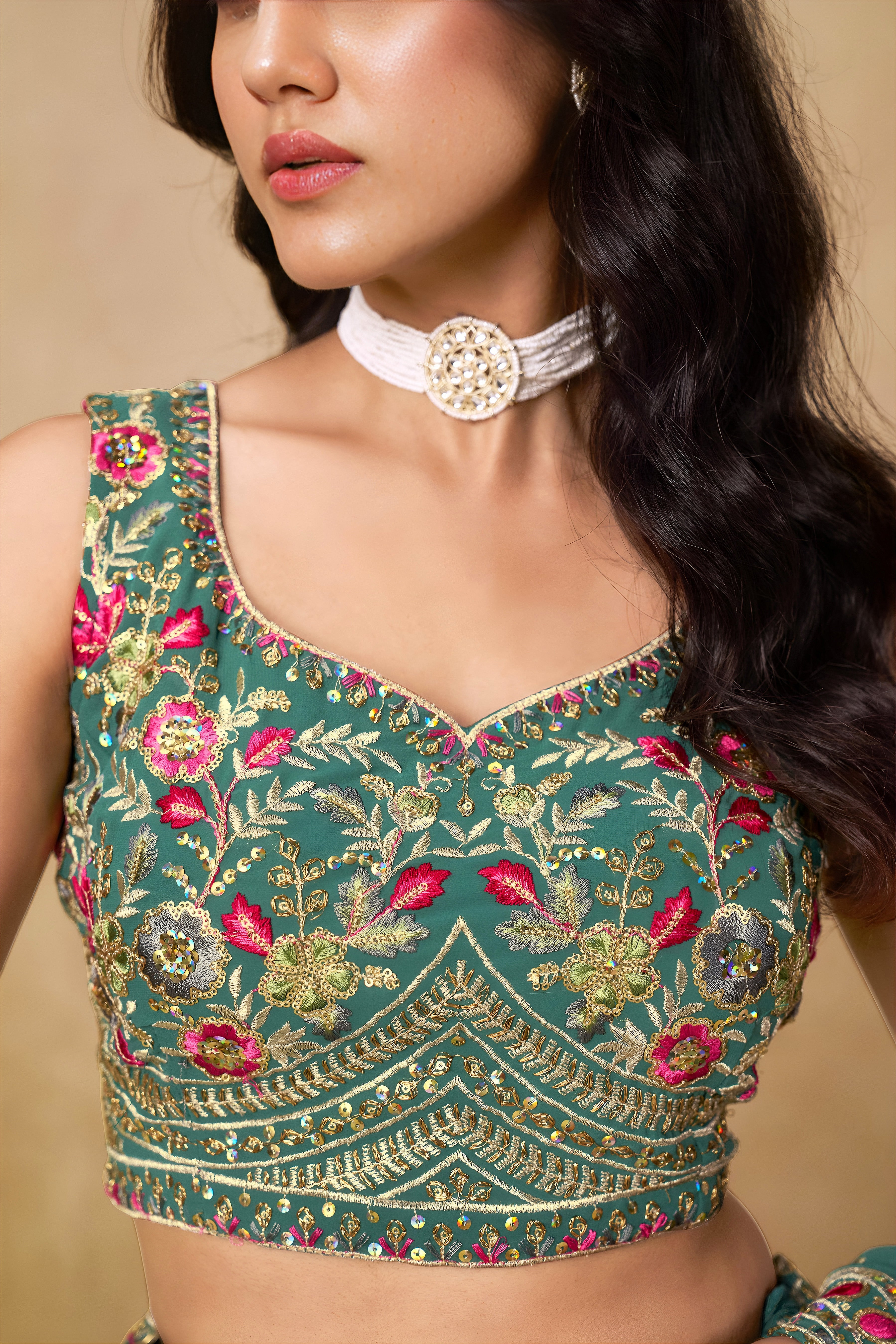 Sakhi blue soft georgette lehenga choli with sequins zari resham and badla embroidery work