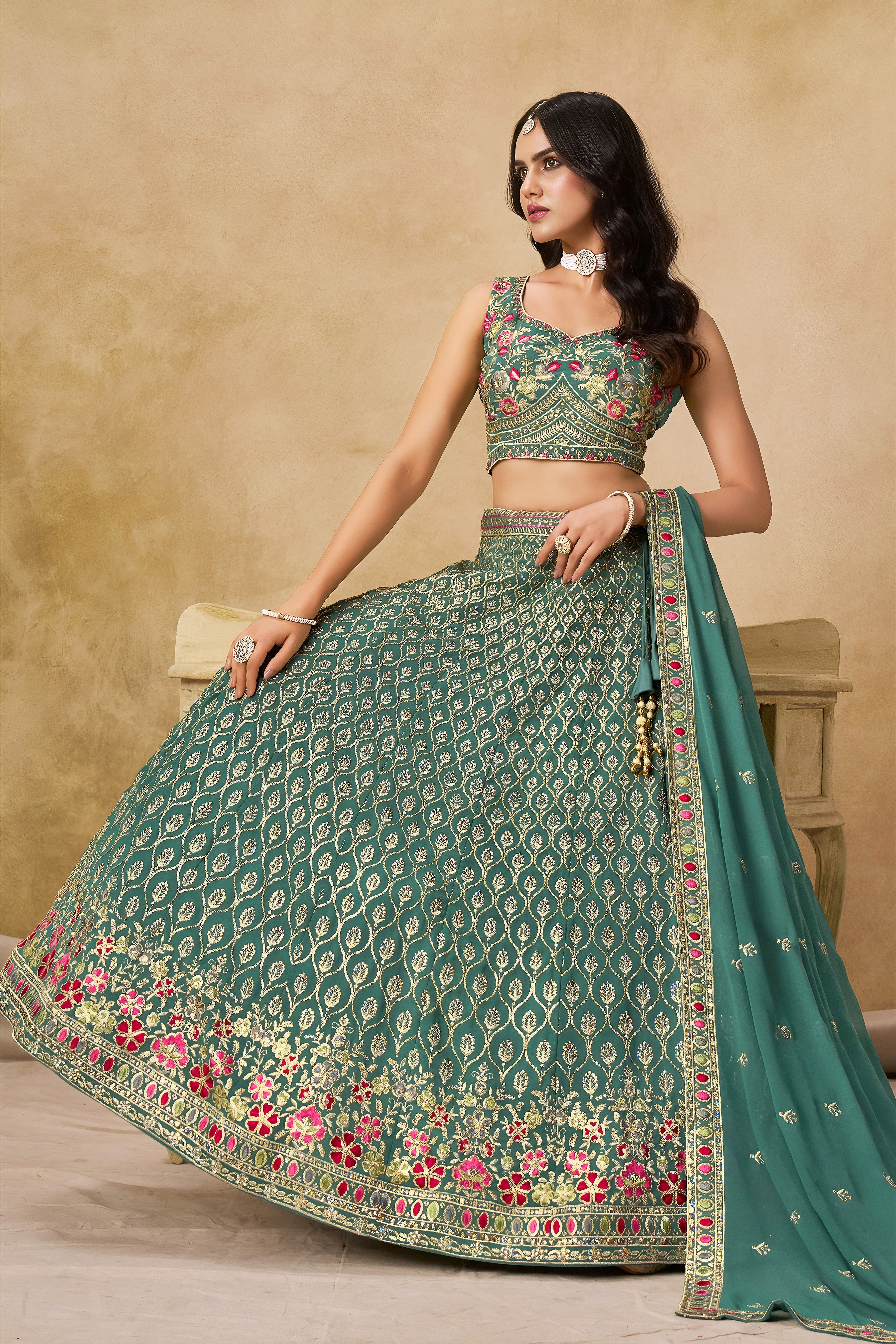 Sakhi blue soft georgette lehenga choli with sequins zari resham and badla embroidery work