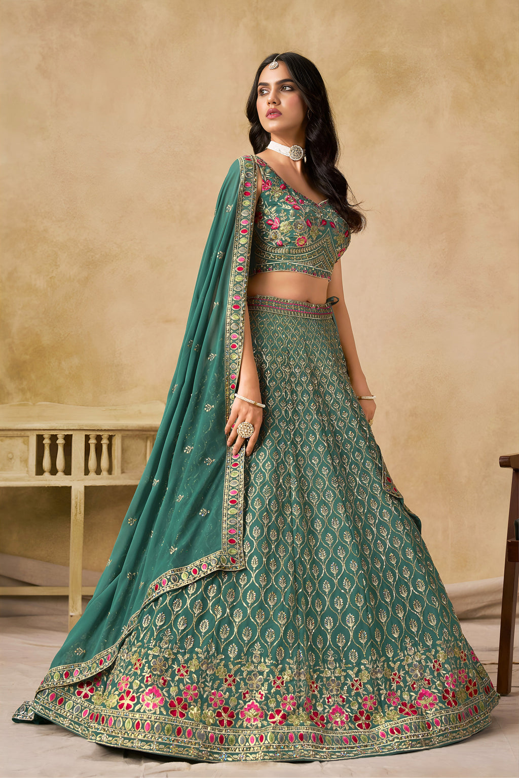 Sakhi blue soft georgette lehenga choli with sequins zari resham and badla embroidery work