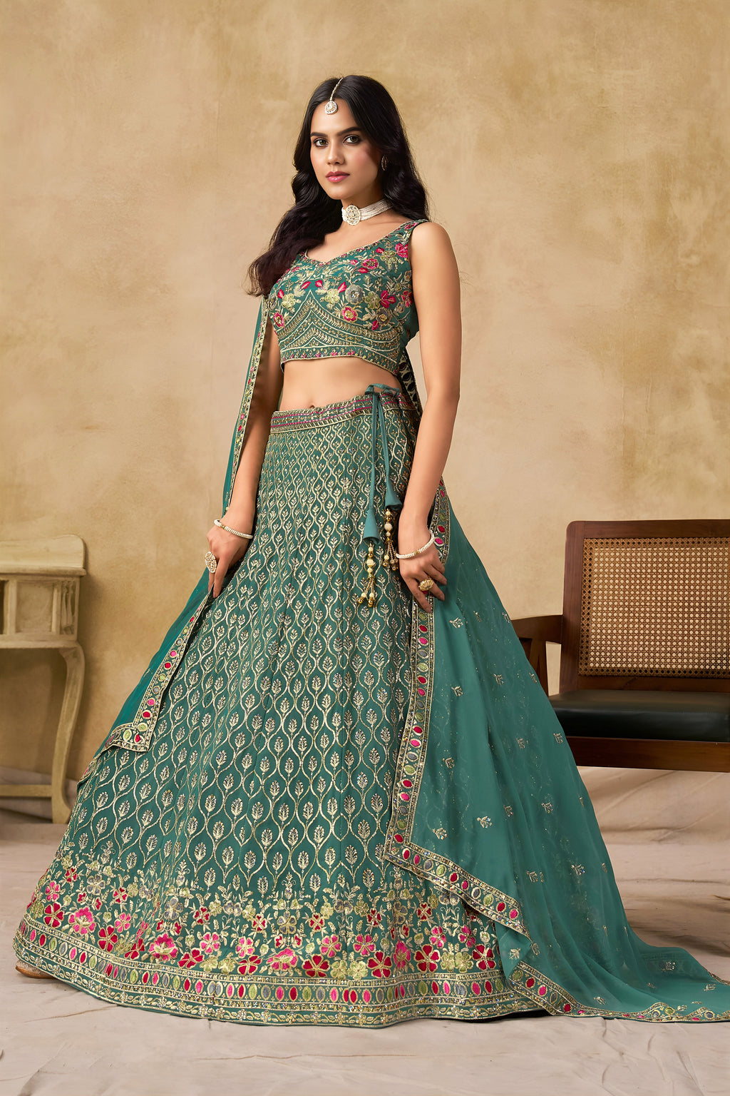 Sakhi blue soft georgette lehenga choli with sequins zari resham and badla embroidery work