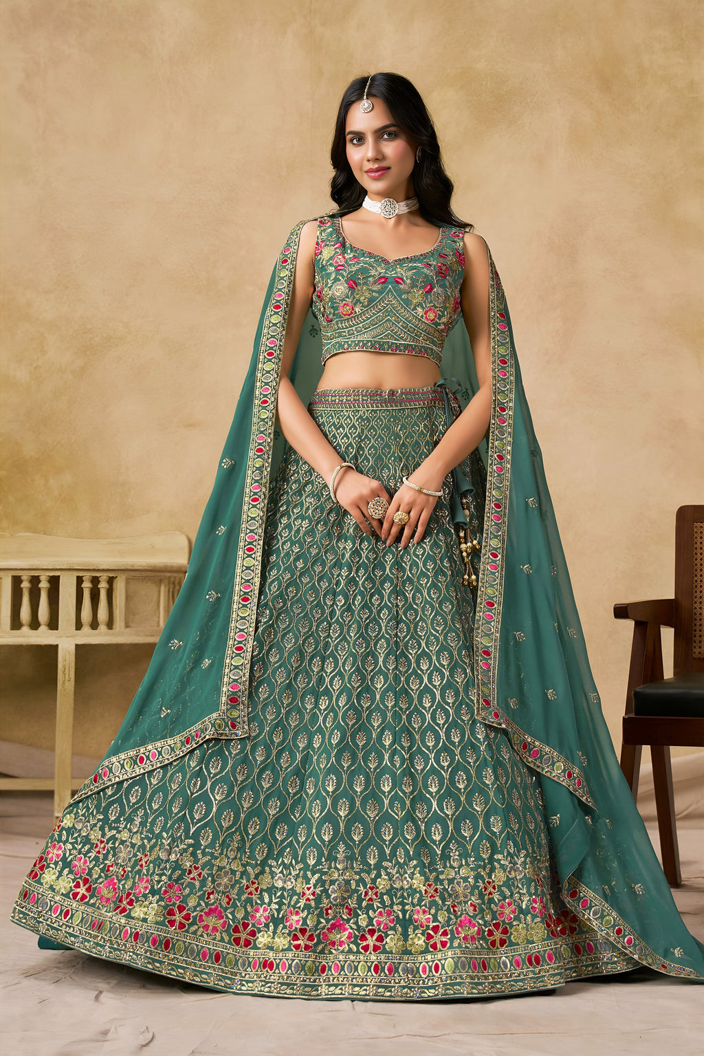 Sakhi blue soft georgette lehenga choli with sequins zari resham and badla embroidery work