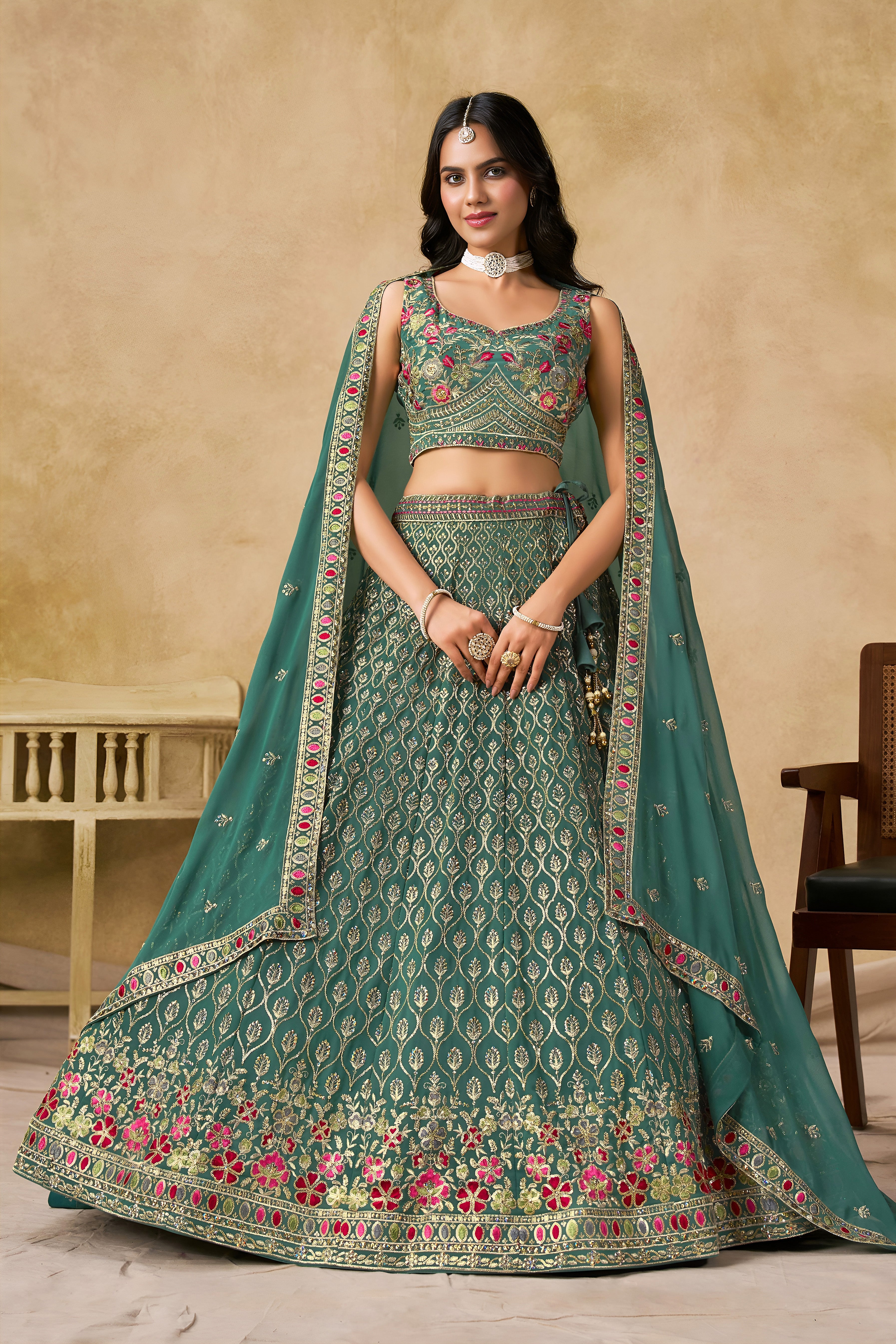 Sakhi blue soft georgette lehenga choli with sequins zari resham and badla embroidery work