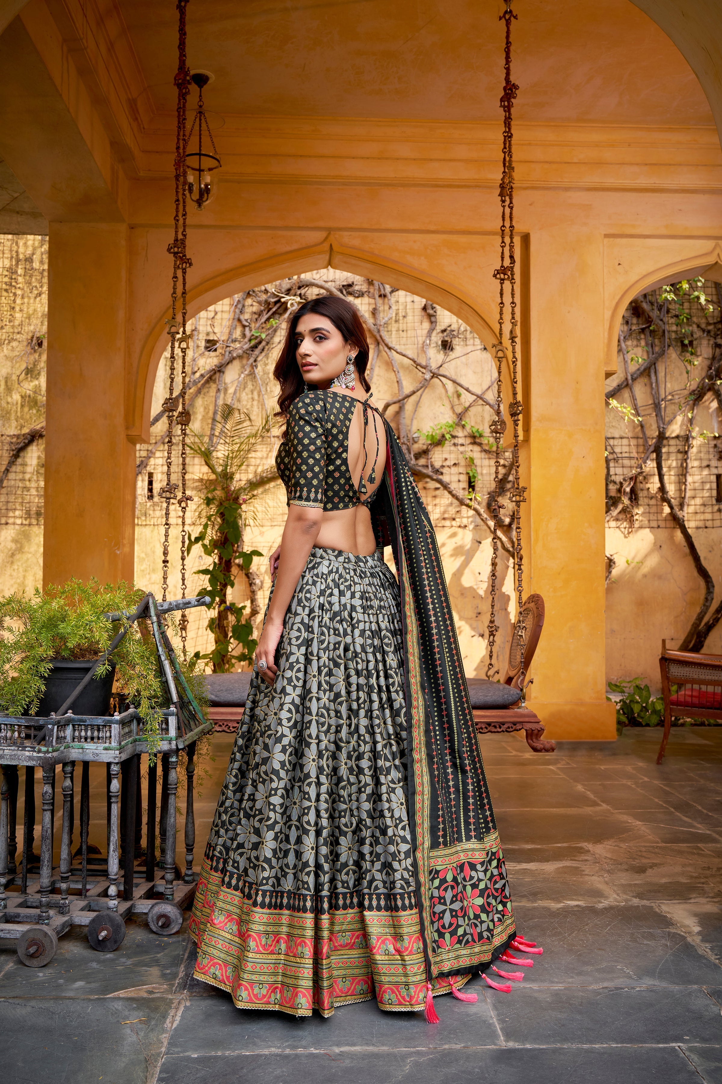 Samaira black Tasar silk lehenga choli with iconic sparkle and lace work