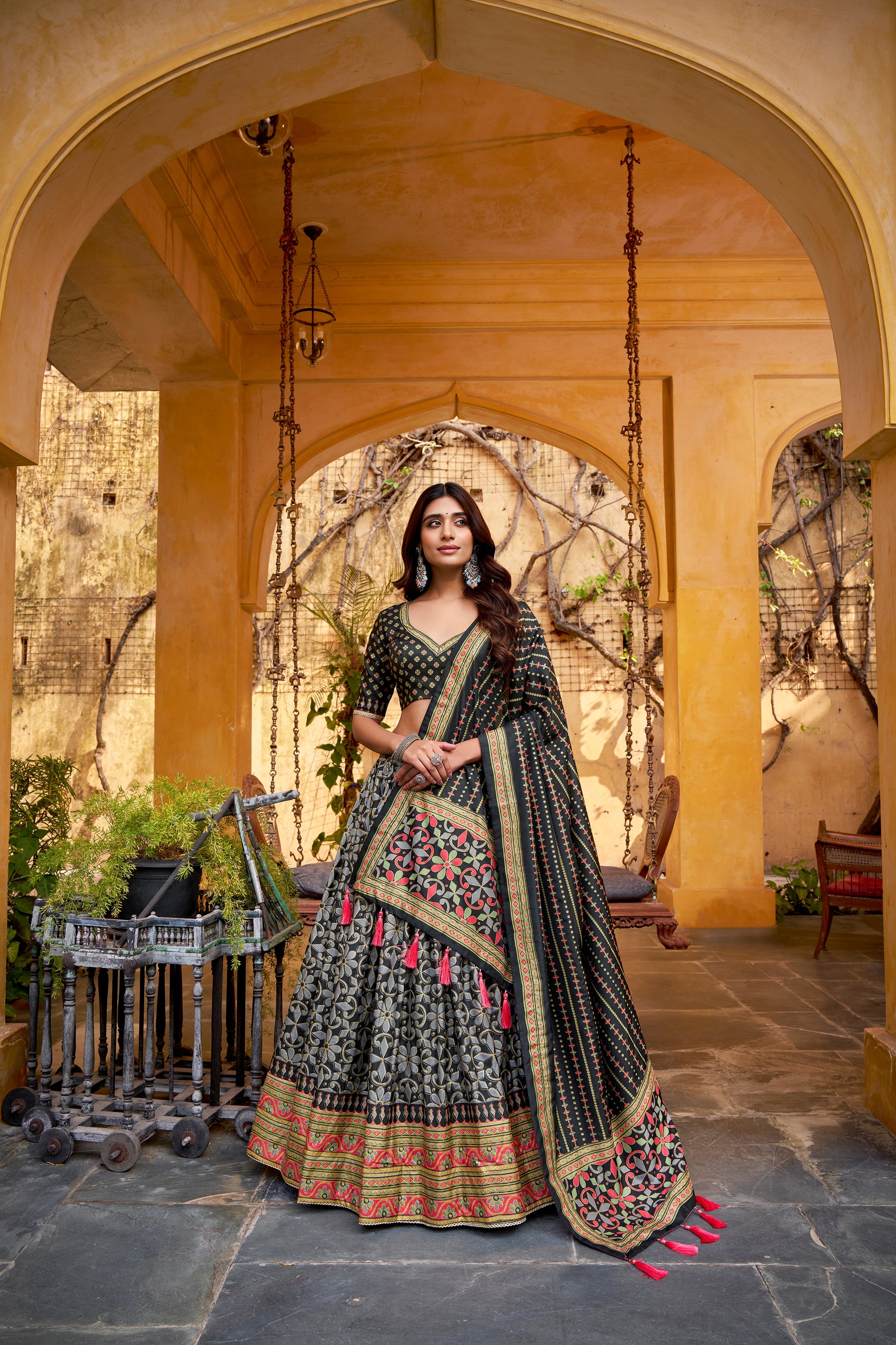 Samaira black Tasar silk lehenga choli with iconic sparkle and lace work