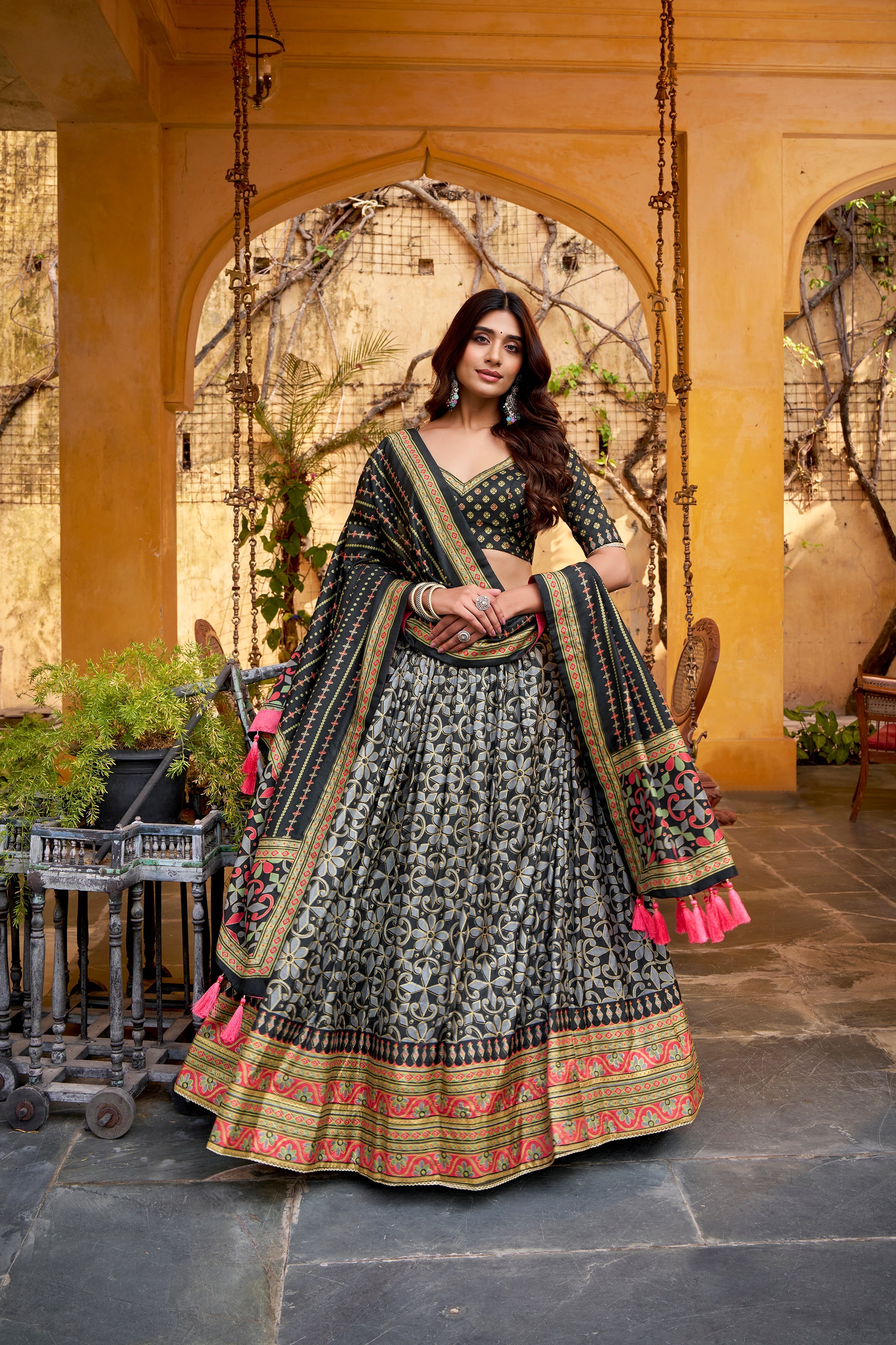 Samaira black Tasar silk lehenga choli with iconic sparkle and lace work