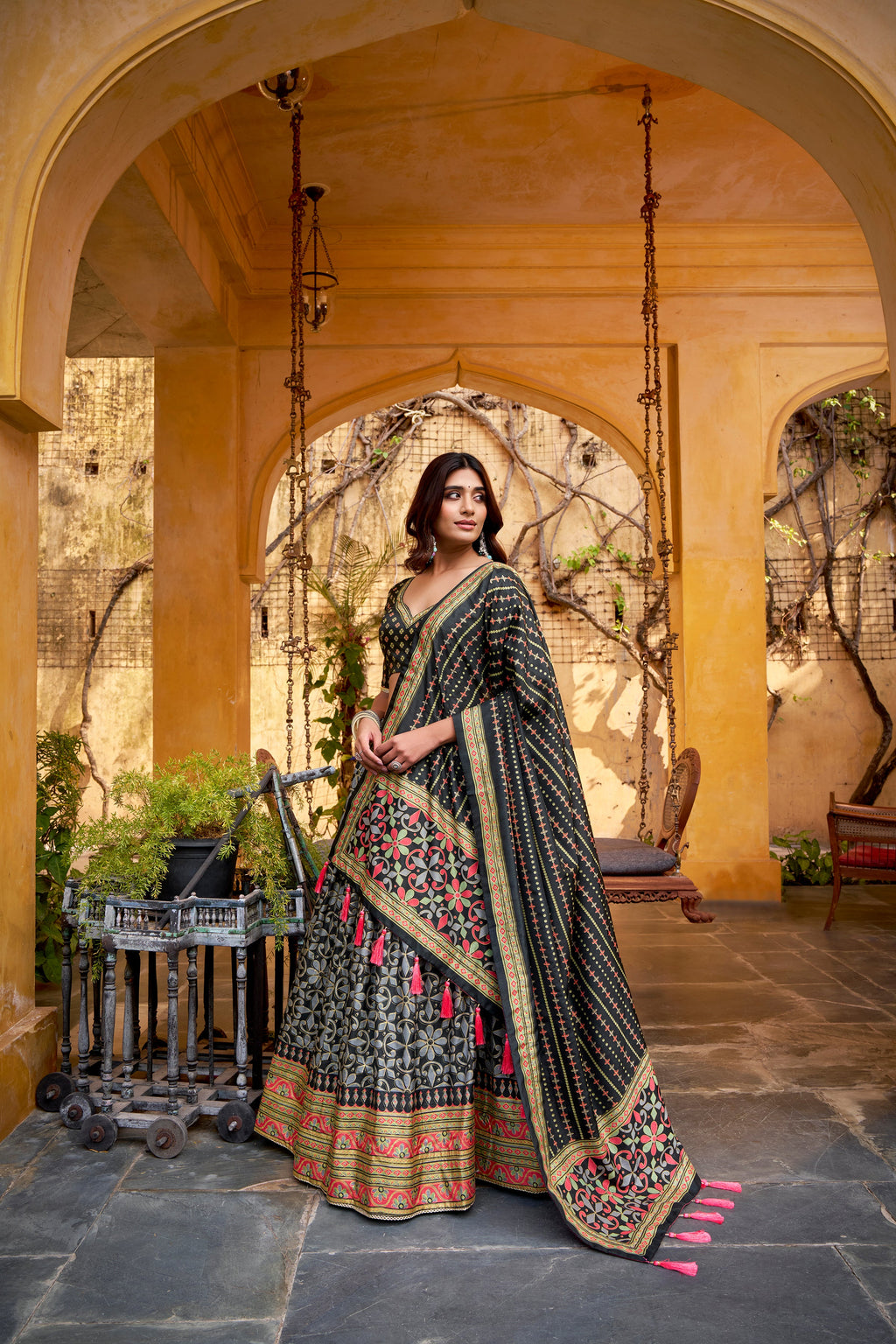 Samaira black Tasar silk lehenga choli with iconic sparkle and lace work