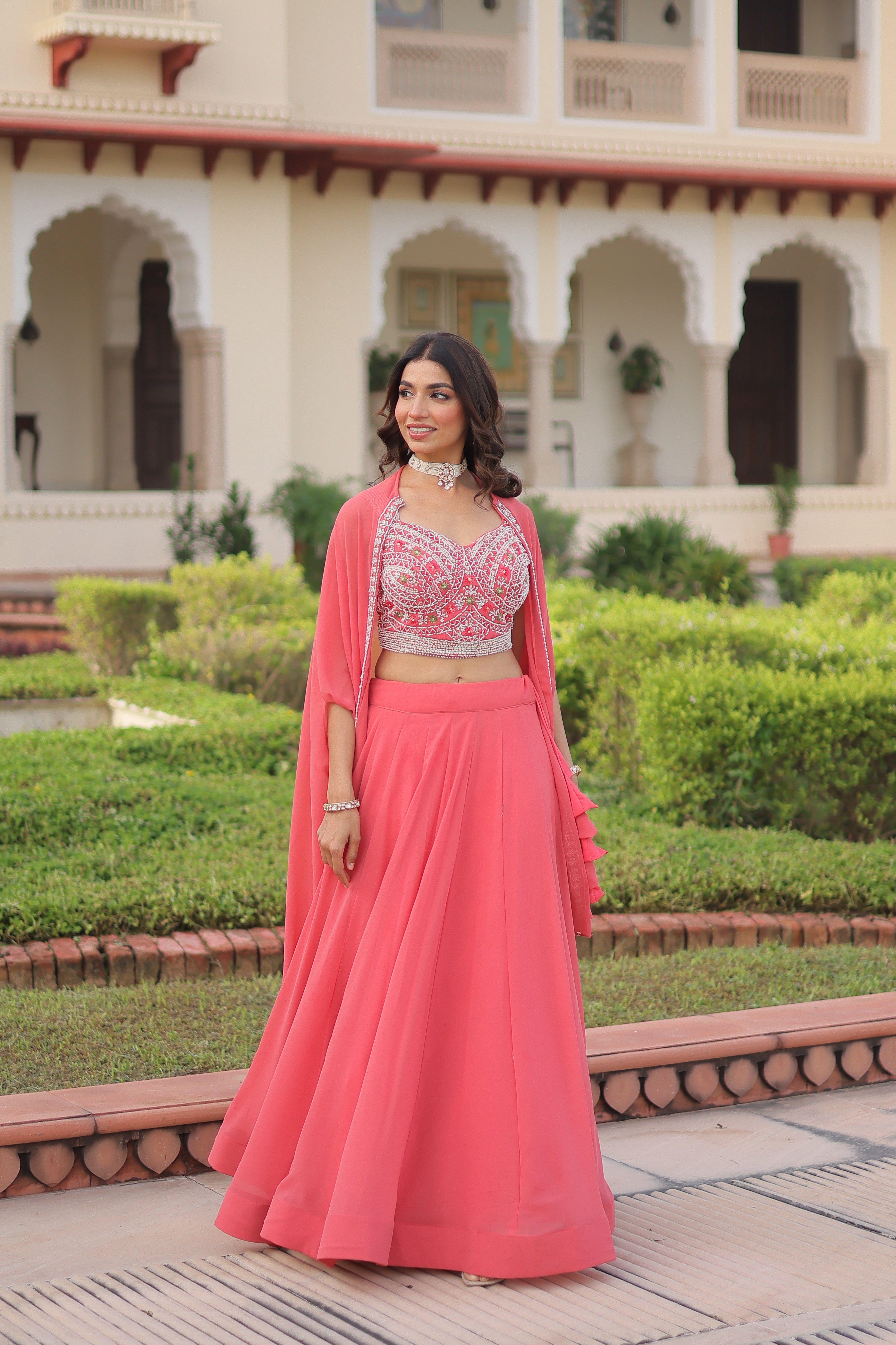 Sanika peach faux georgette lehenga choli with beads embroidery and shrug