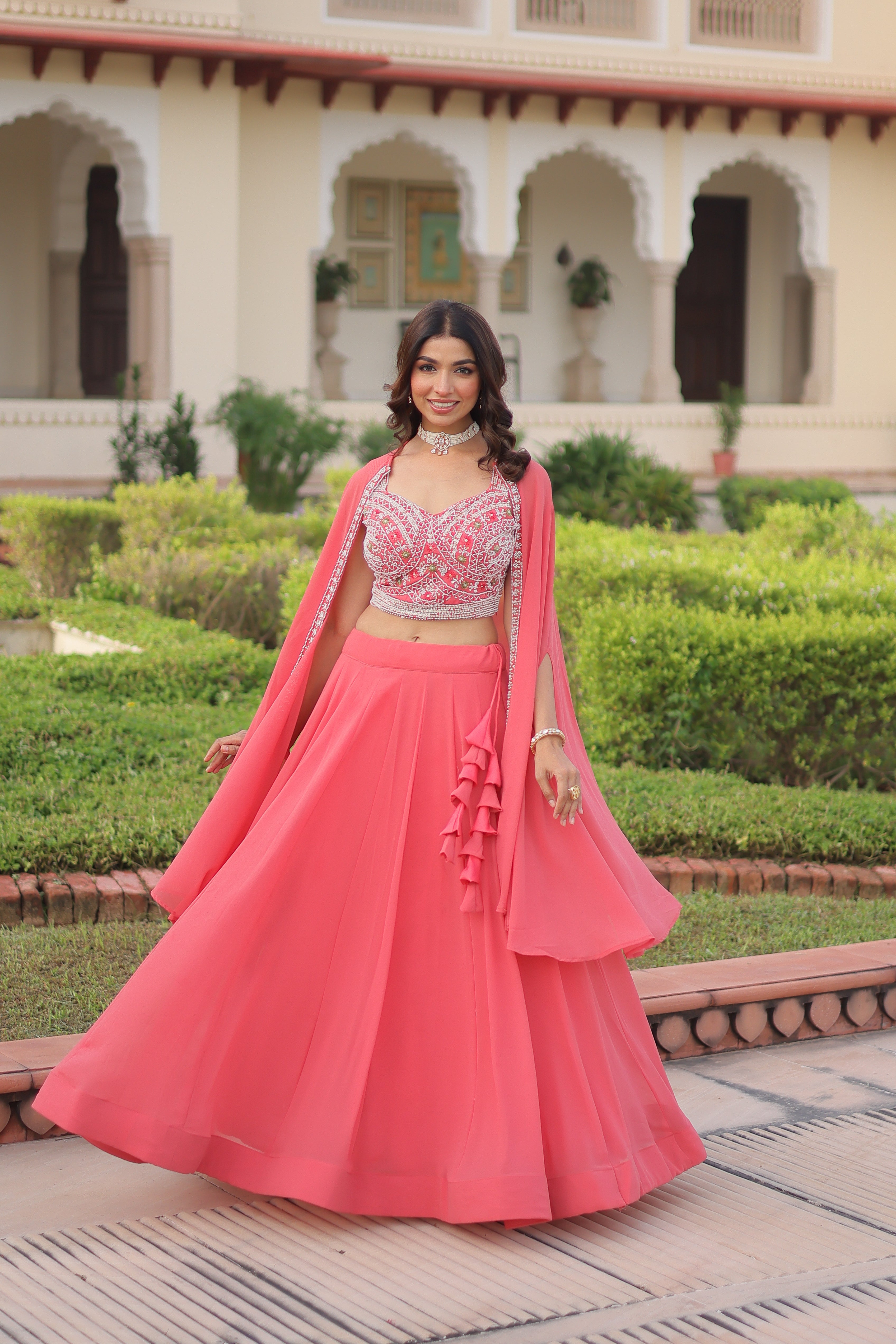 Sanika peach faux georgette lehenga choli with beads embroidery and shrug