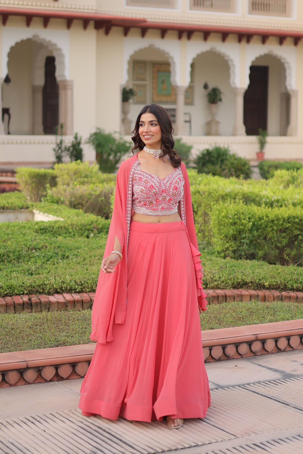 Sanika peach faux georgette lehenga choli with beads embroidery and shrug