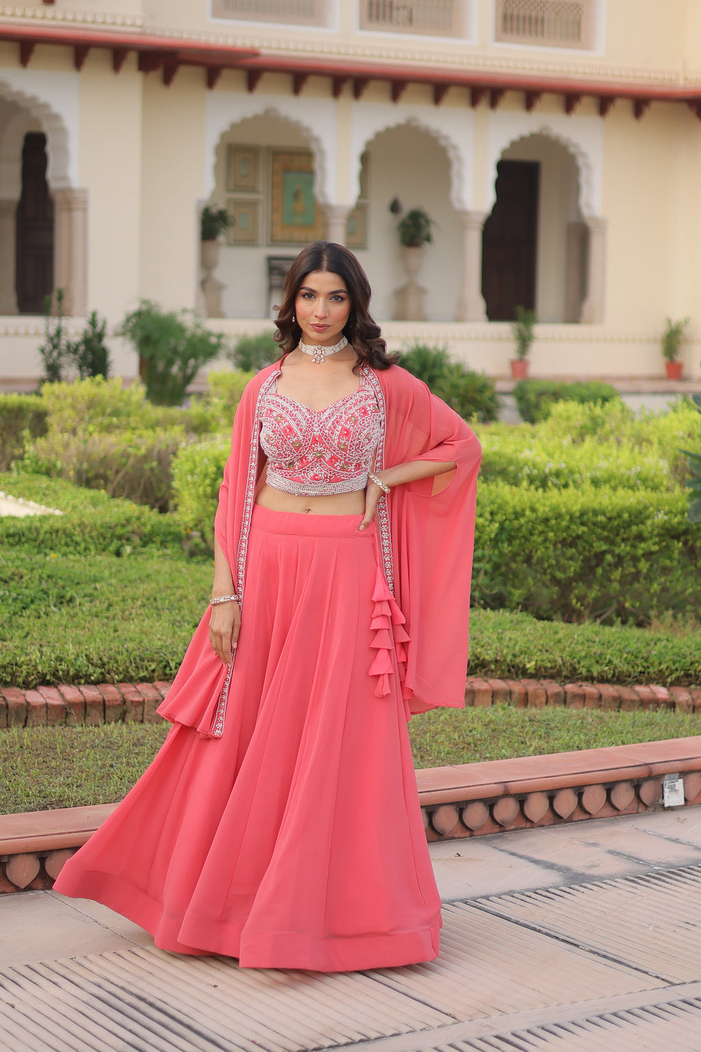 Sanika peach faux georgette lehenga choli with beads embroidery and shrug
