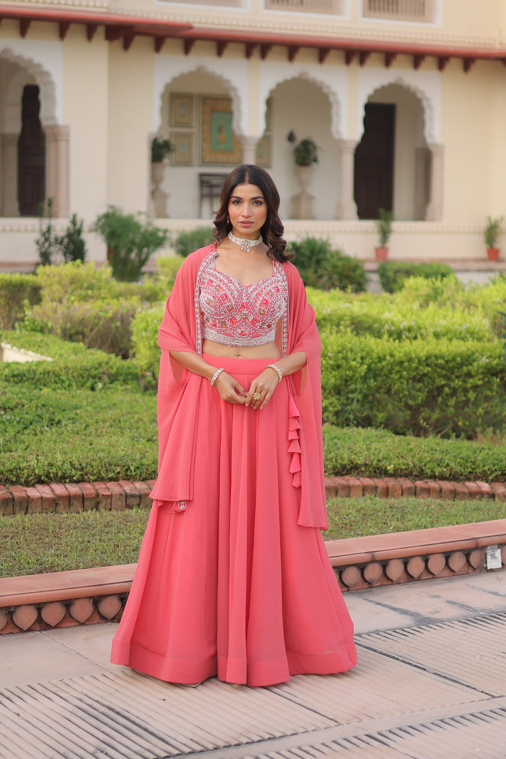 Sanika peach faux georgette lehenga choli with beads embroidery and shrug