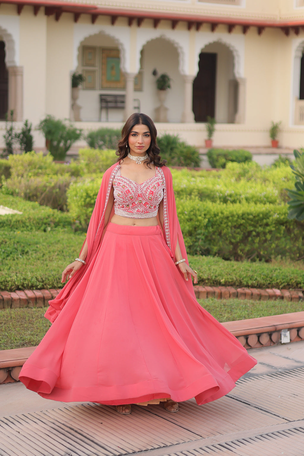 Sanika peach faux georgette lehenga choli with beads embroidery and shrug