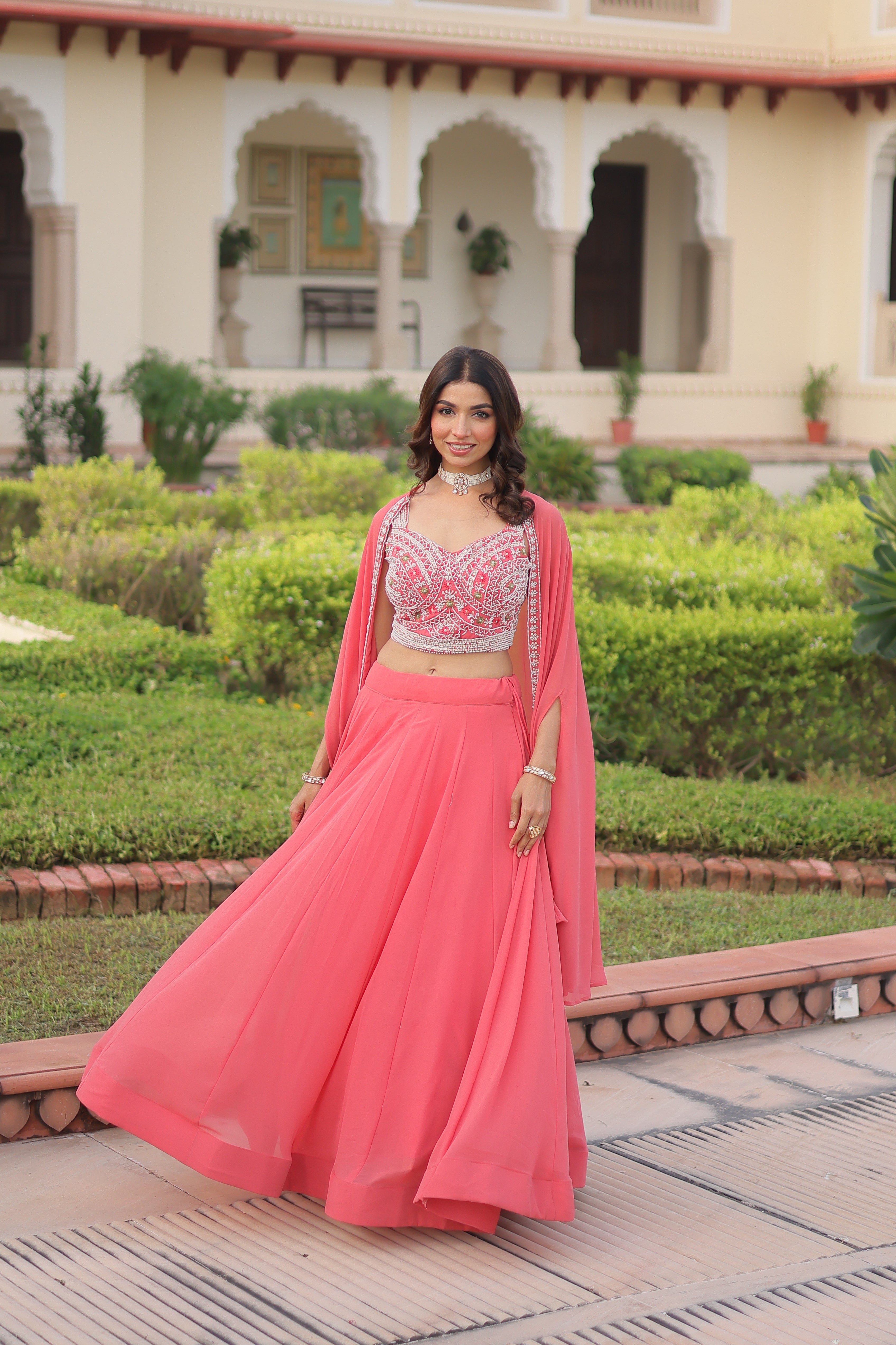 Sanika peach faux georgette lehenga choli with beads embroidery and shrug