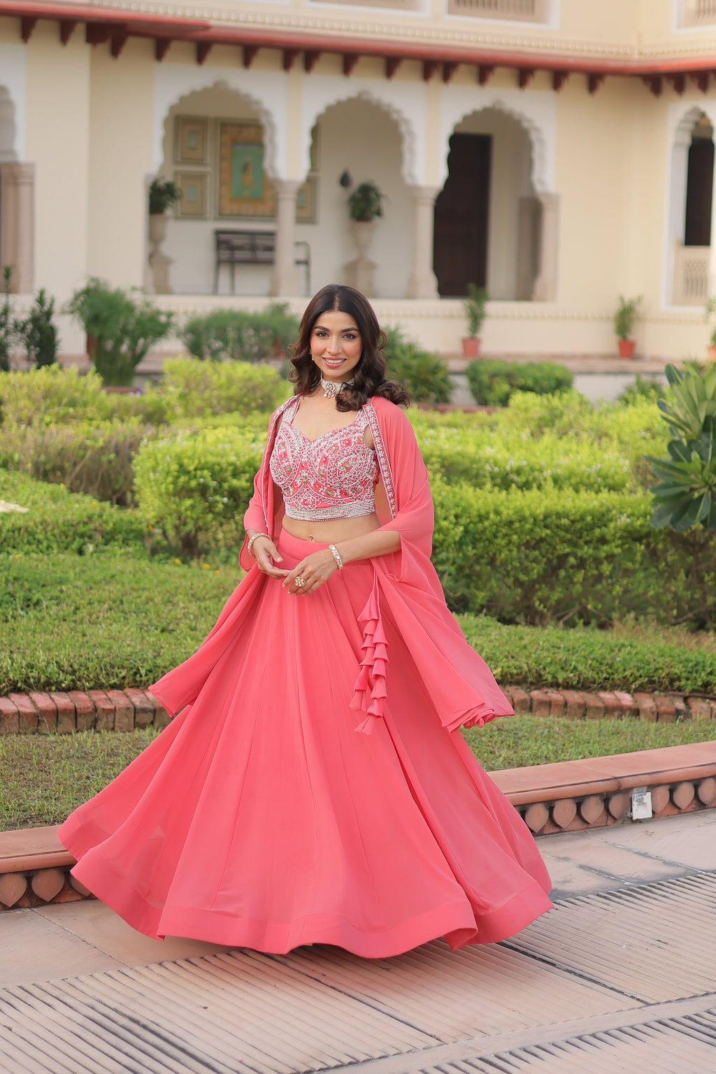 Sanika peach faux georgette lehenga choli with beads embroidery and shrug