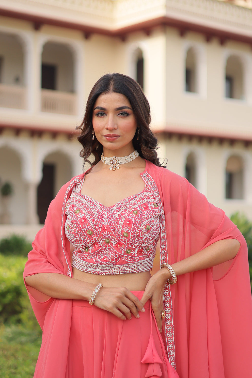 Sanika peach faux georgette lehenga choli with beads embroidery and shrug