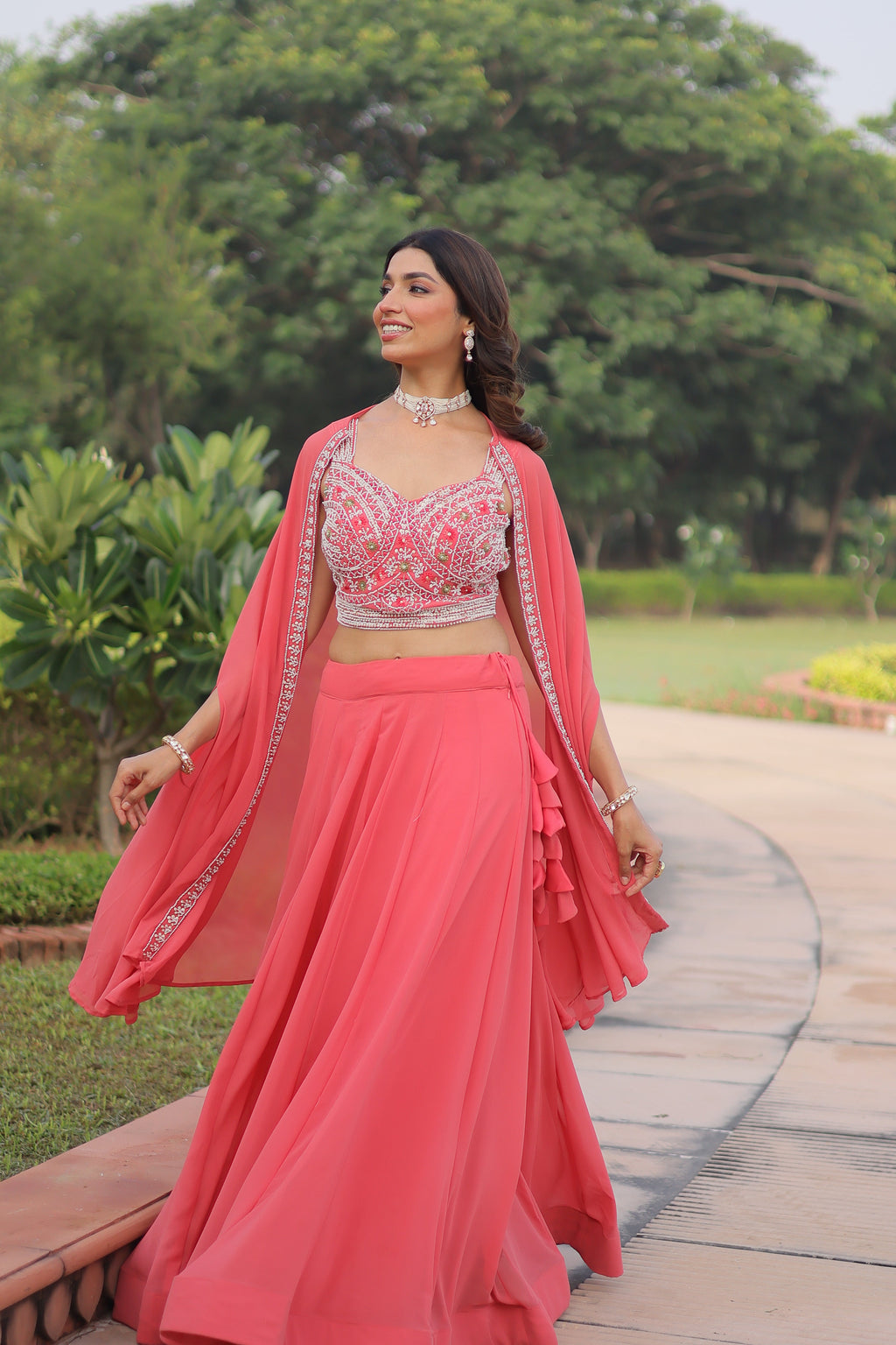 Sanika peach faux georgette lehenga choli with beads embroidery and shrug