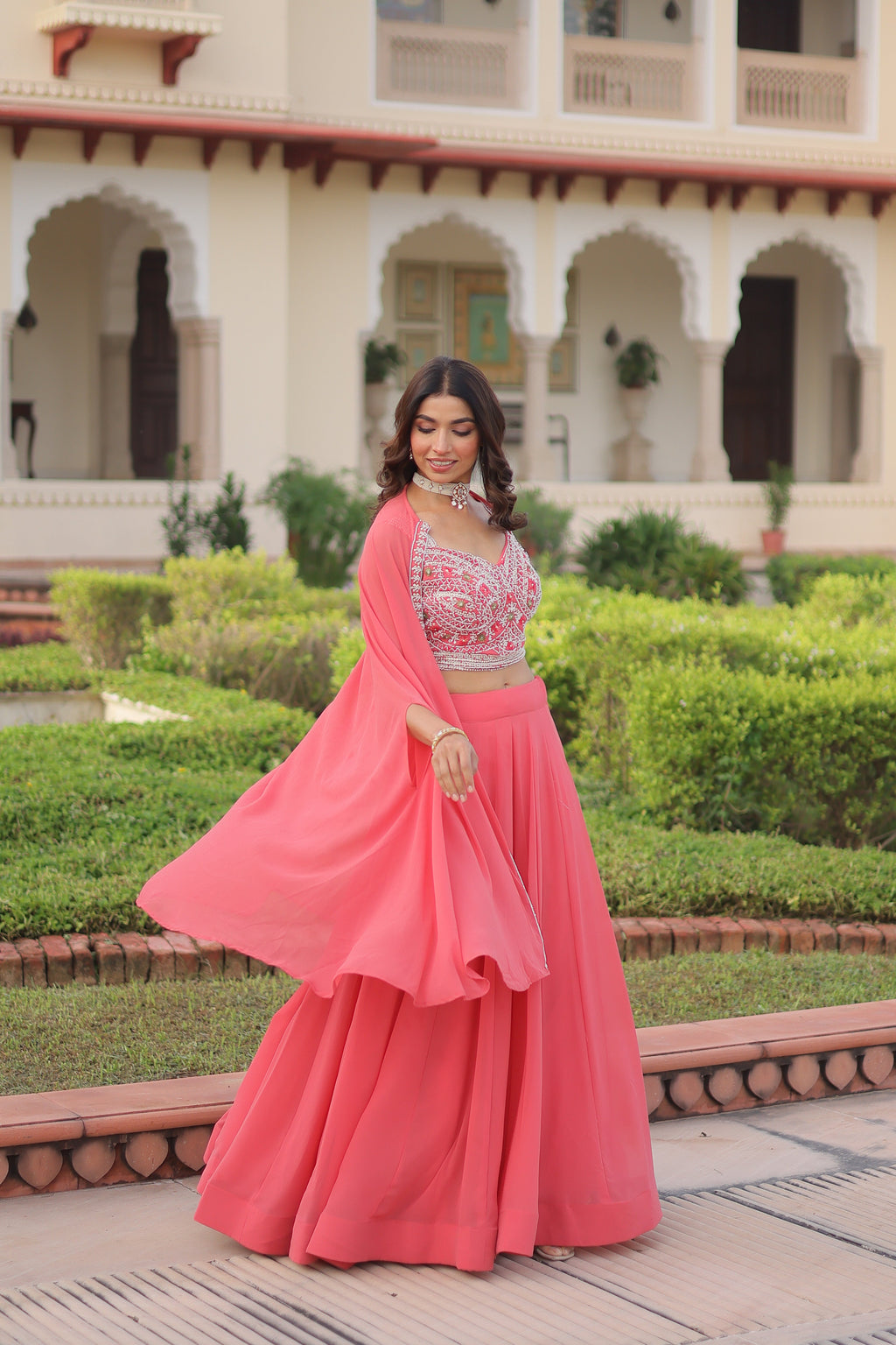 Sanika peach faux georgette lehenga choli with beads embroidery and shrug