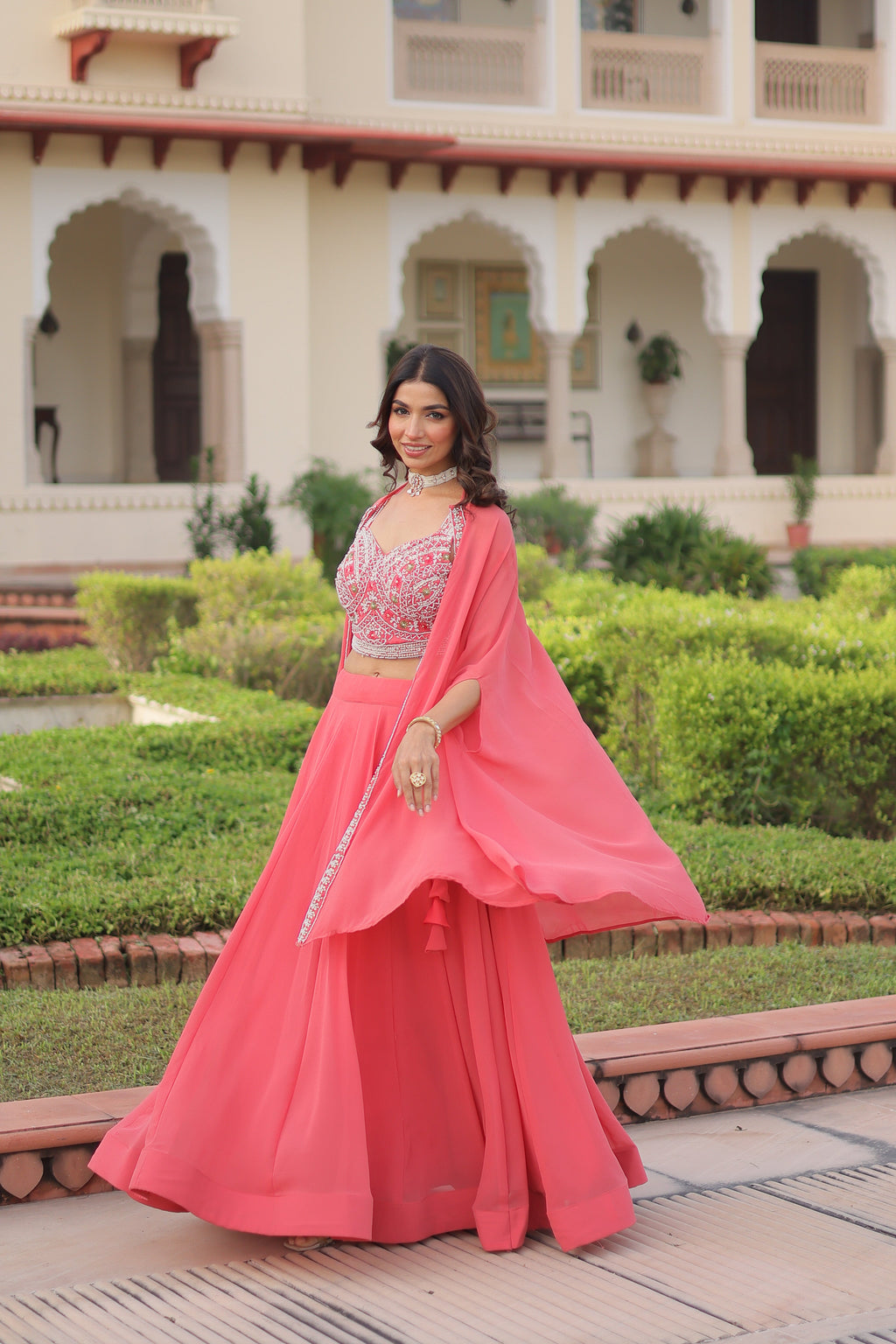 Sanika peach faux georgette lehenga choli with beads embroidery and shrug