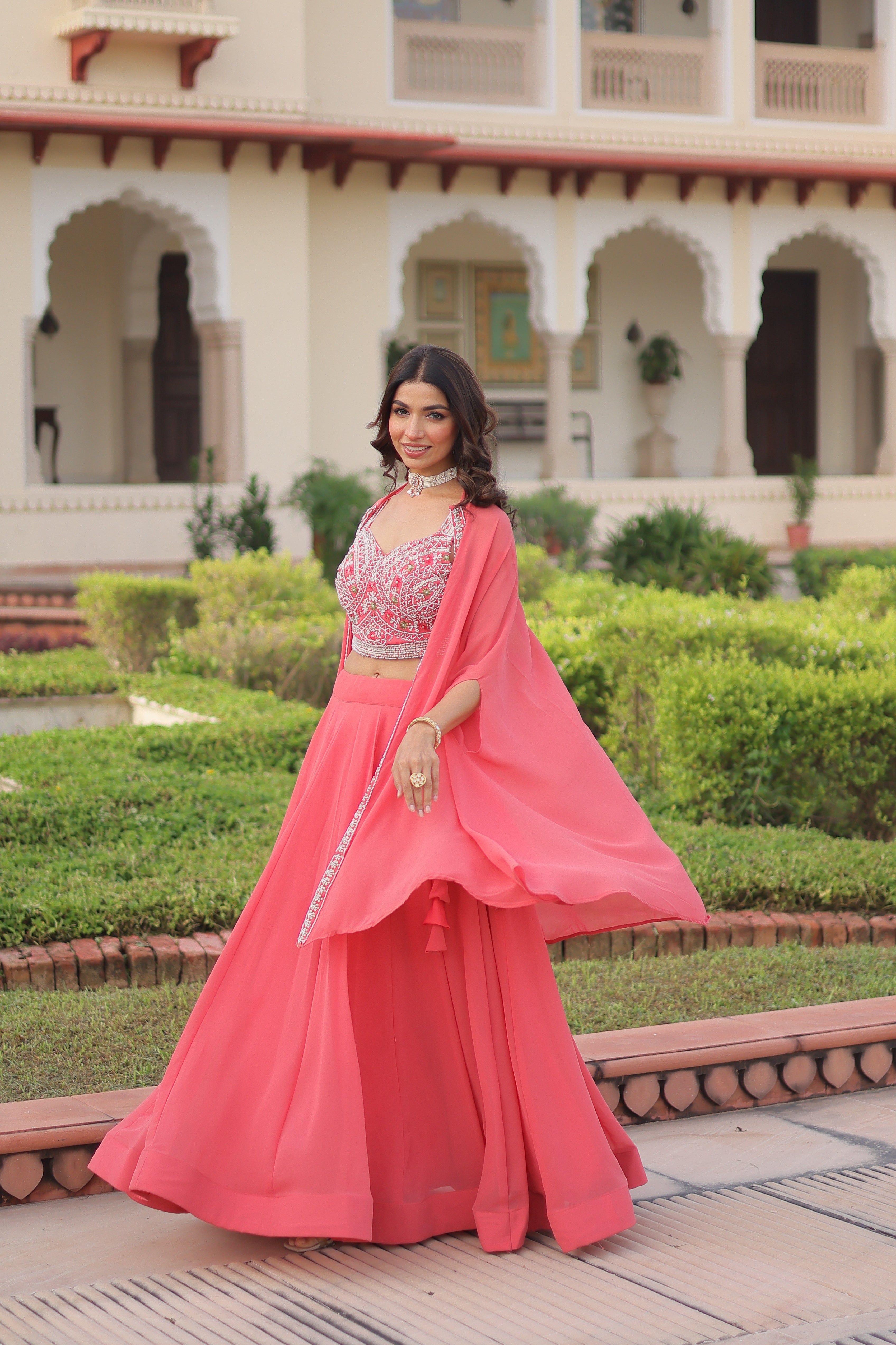 Sanika peach faux georgette lehenga choli with beads embroidery and shrug