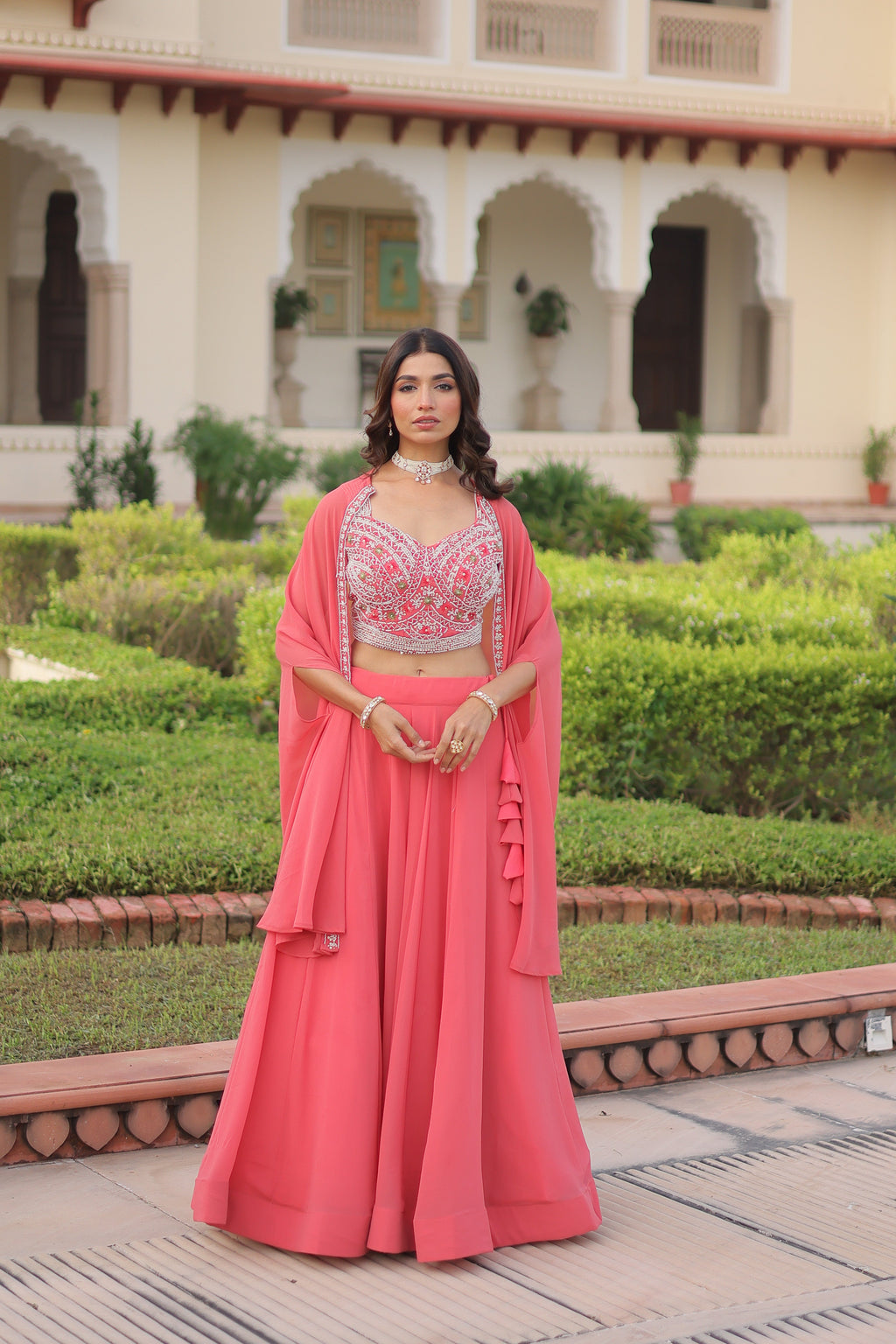Sanika peach faux georgette lehenga choli with beads embroidery and shrug