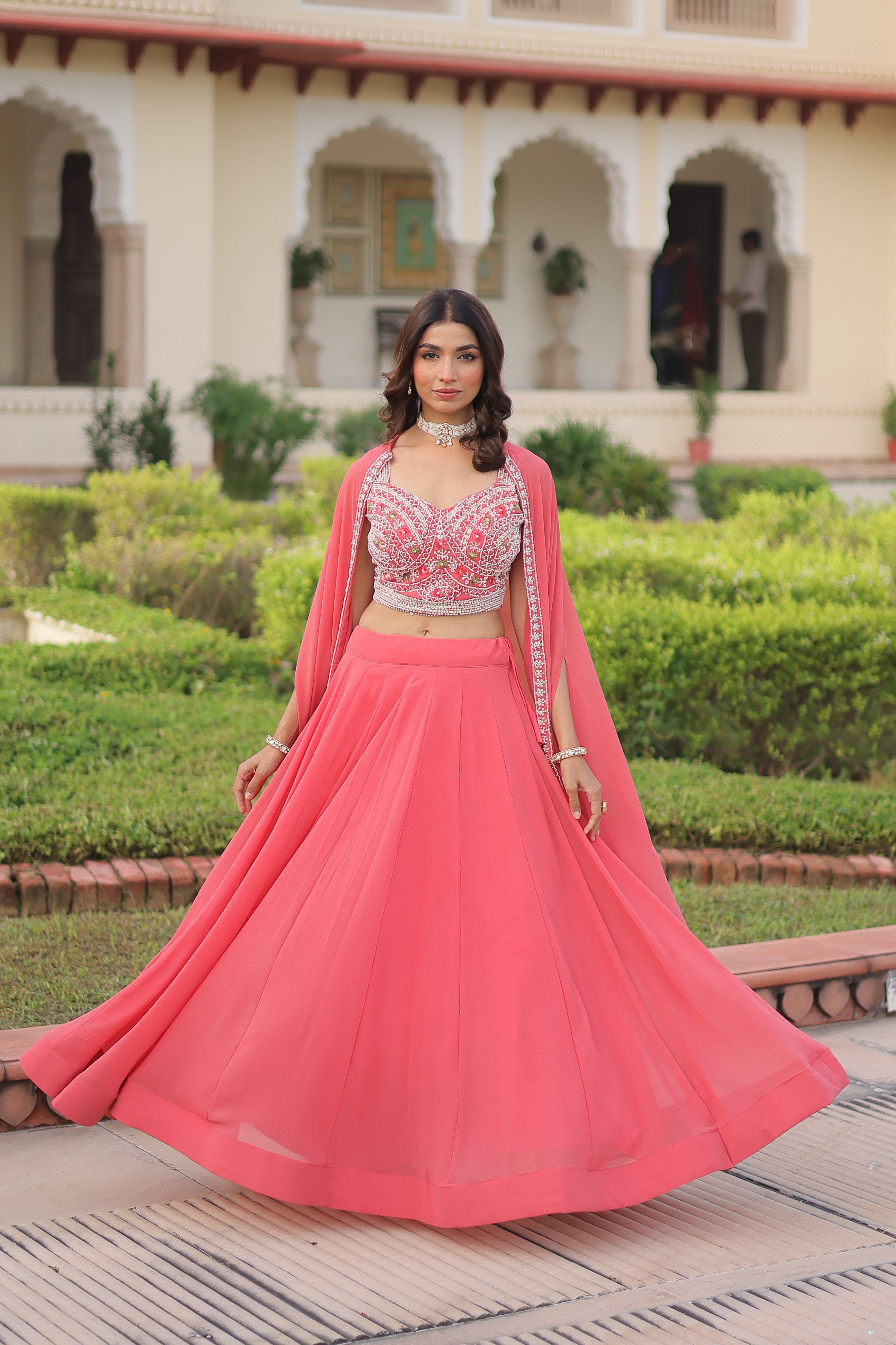 Sanika peach faux georgette lehenga choli with beads embroidery and shrug
