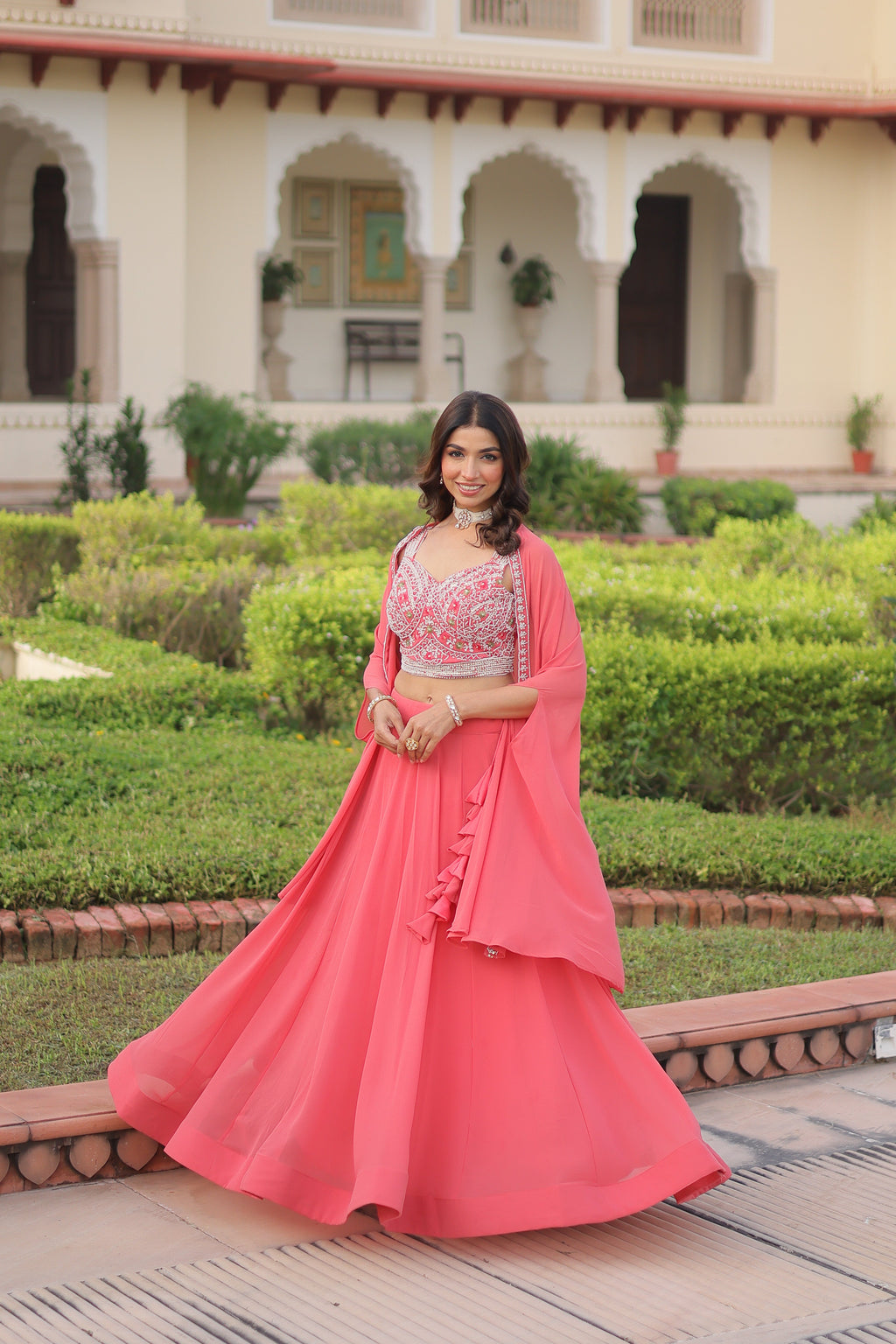 Sanika peach faux georgette lehenga choli with beads embroidery and shrug