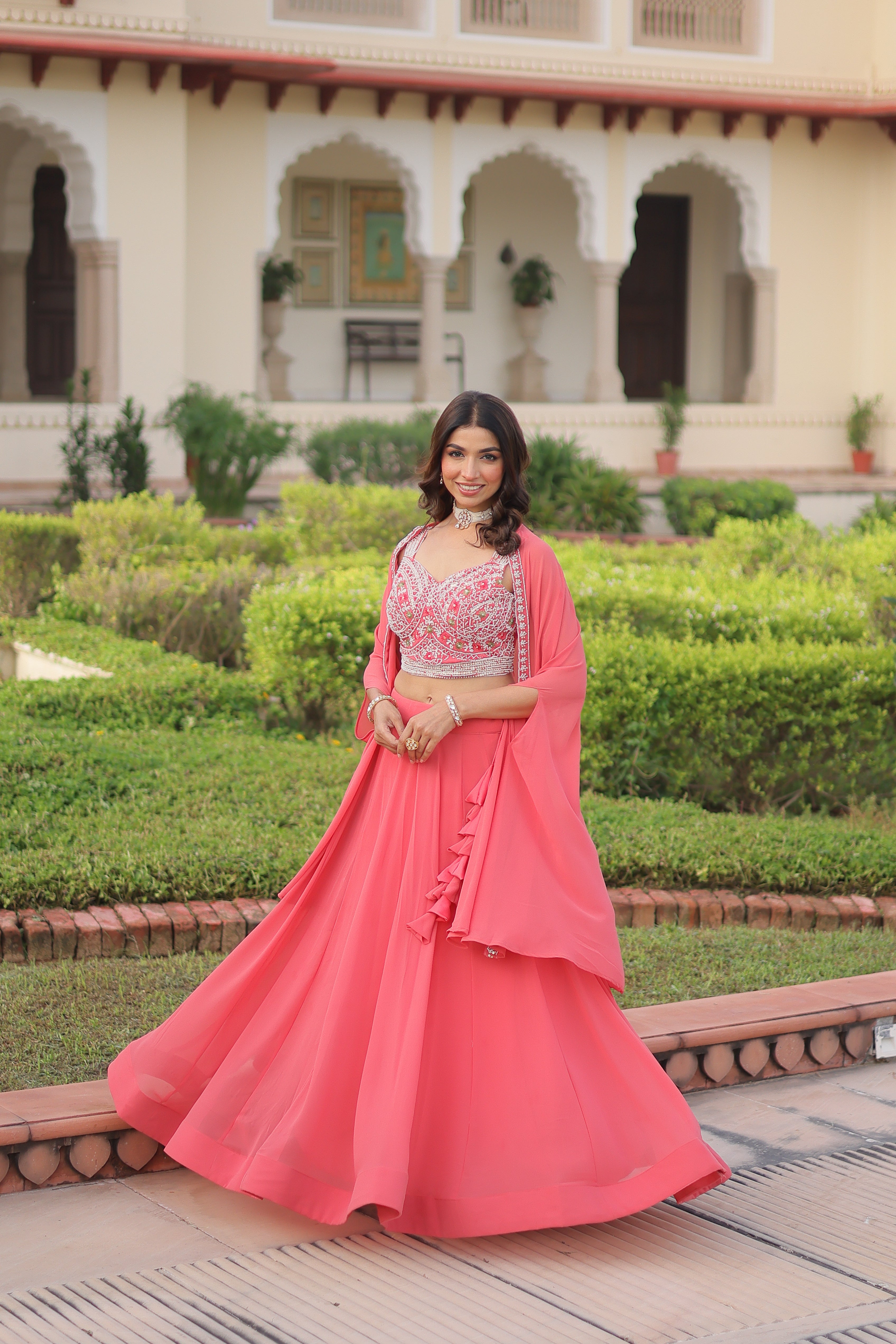 Sanika peach faux georgette lehenga choli with beads embroidery and shrug