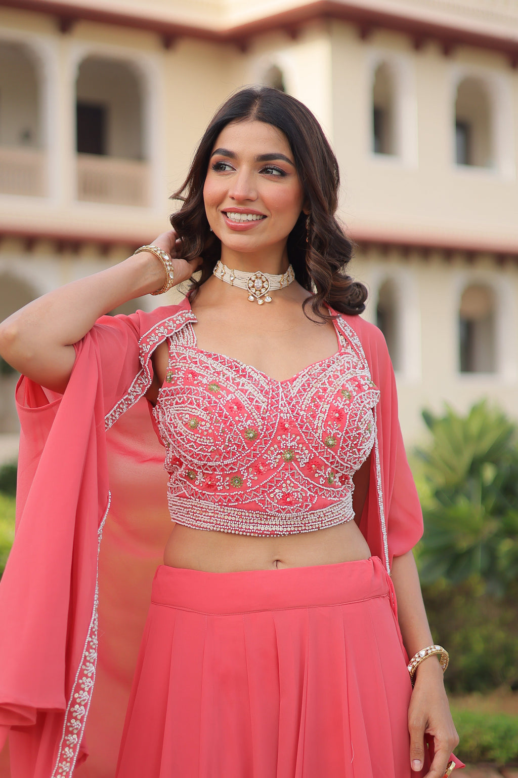 Sanika peach faux georgette lehenga choli with beads embroidery and shrug