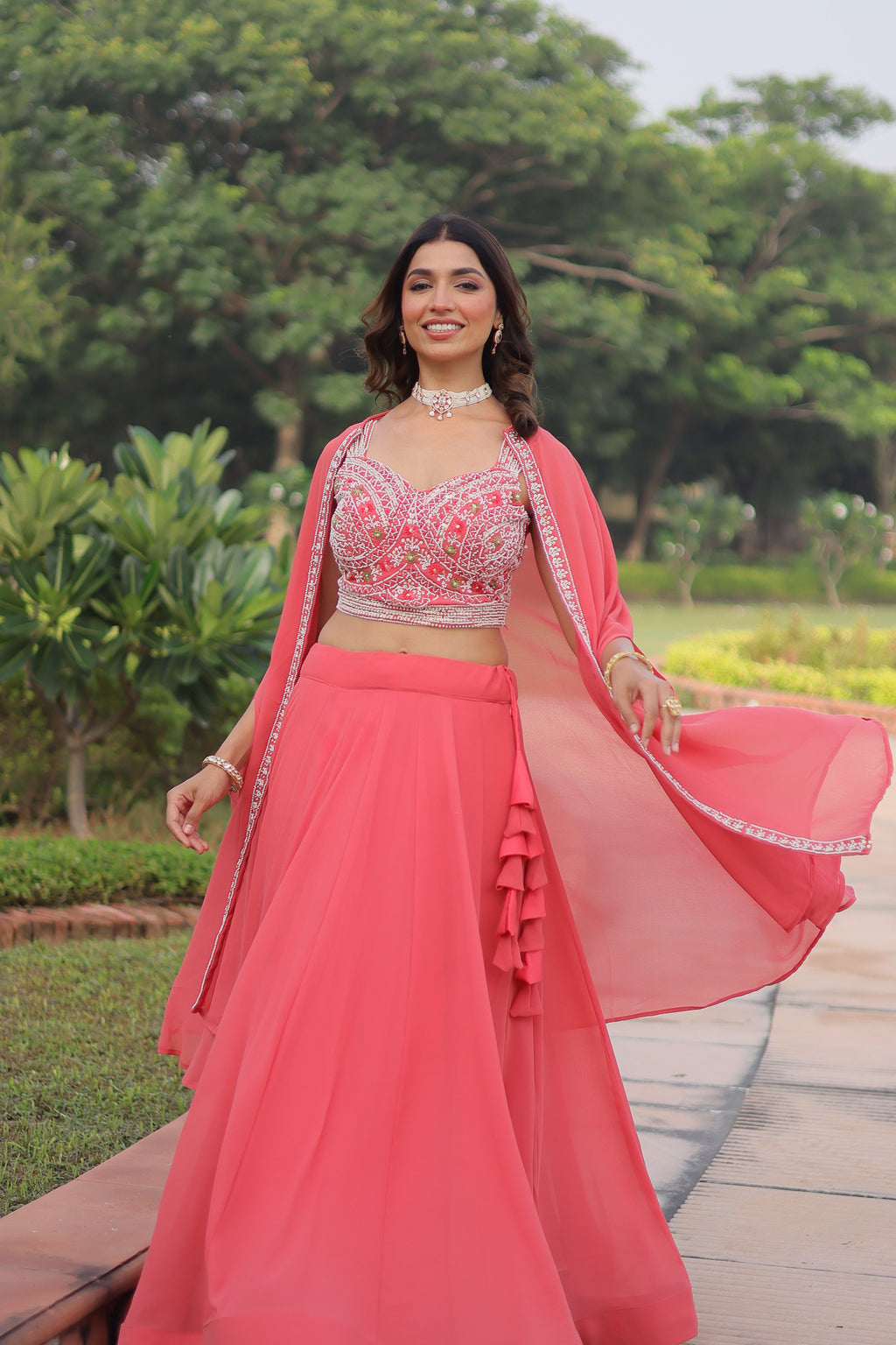 Sanika peach faux georgette lehenga choli with beads embroidery and shrug
