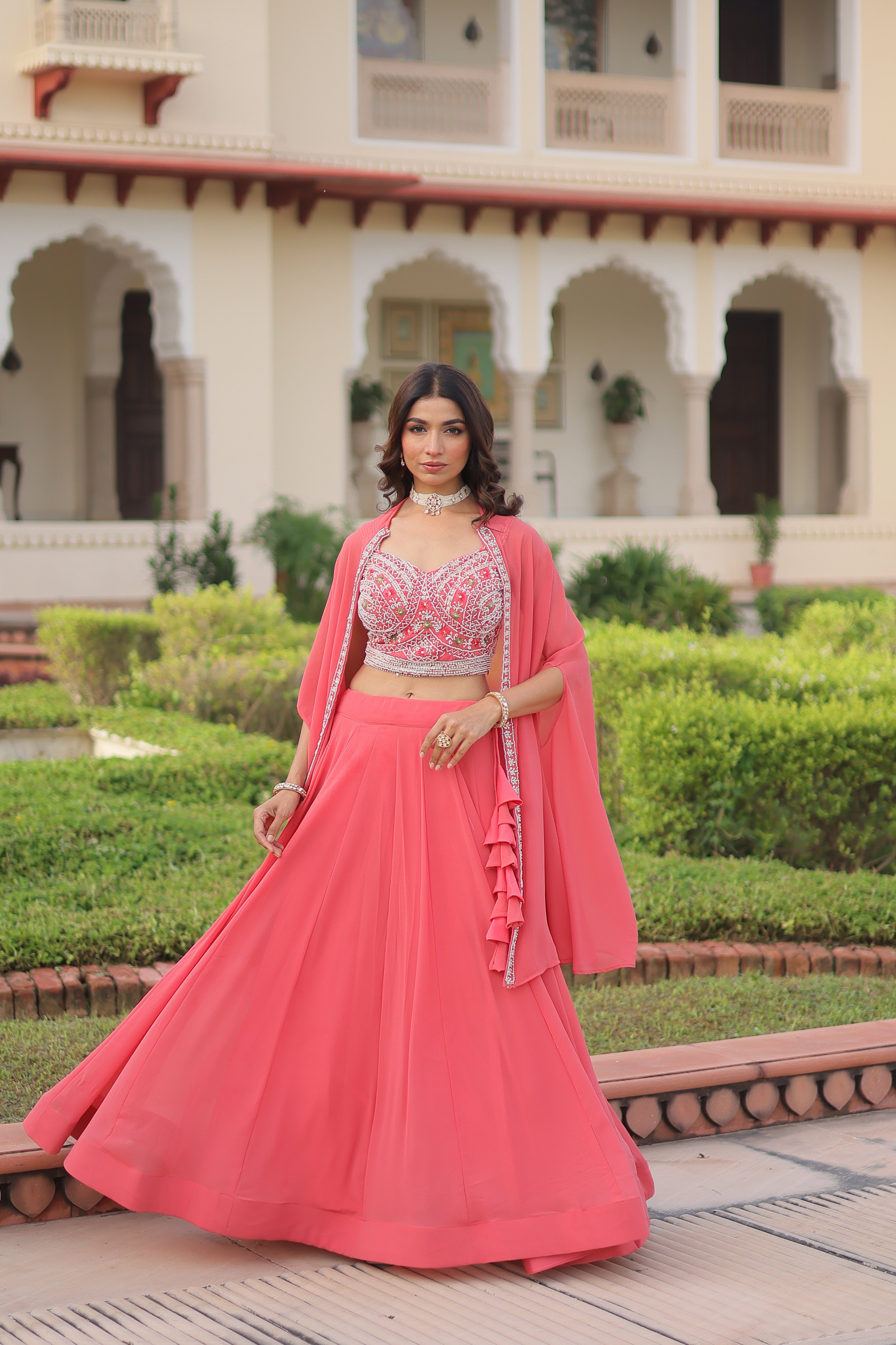 Sanika peach faux georgette lehenga choli with beads embroidery and shrug