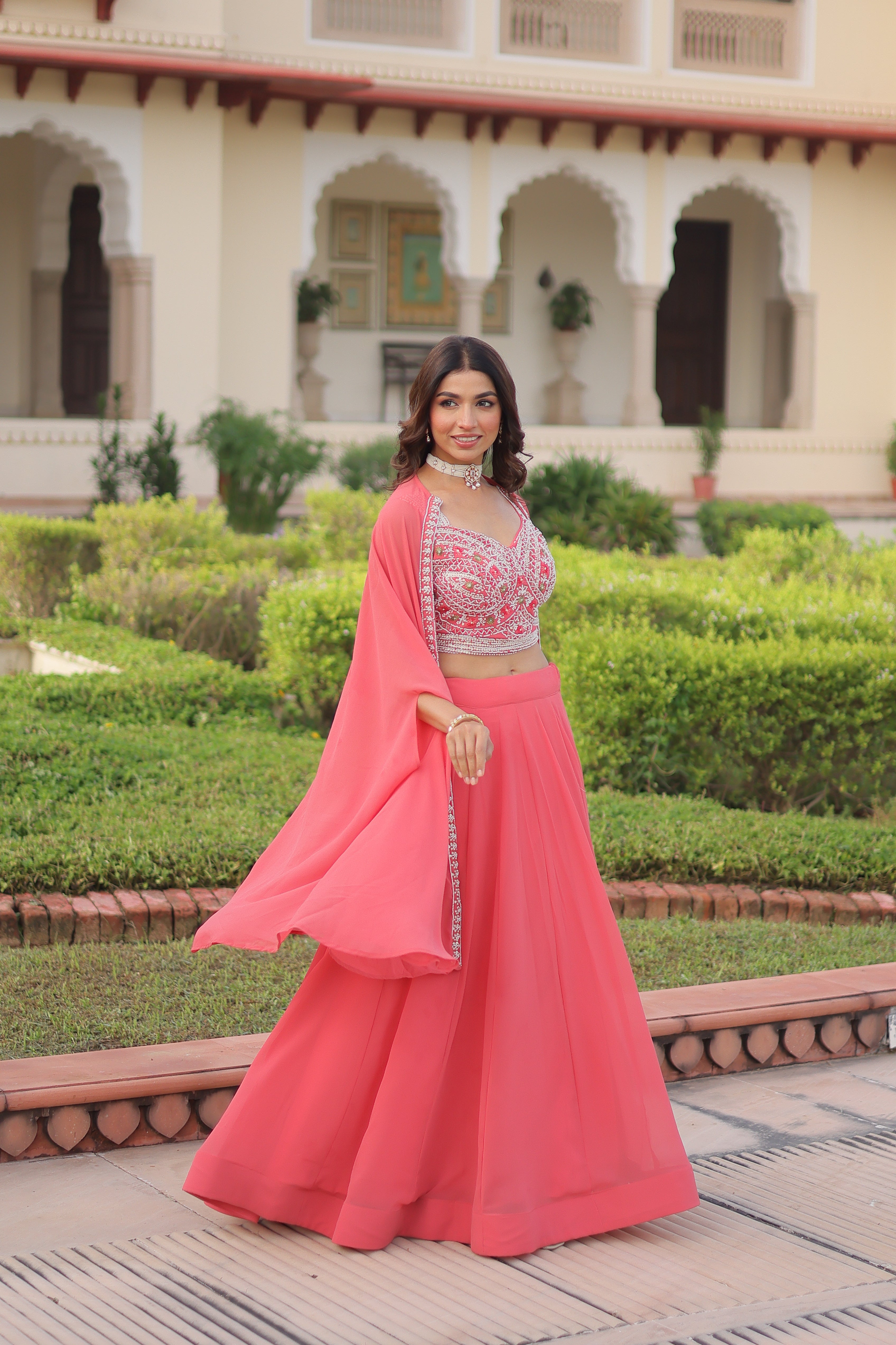 Sanika peach faux georgette lehenga choli with beads embroidery and shrug