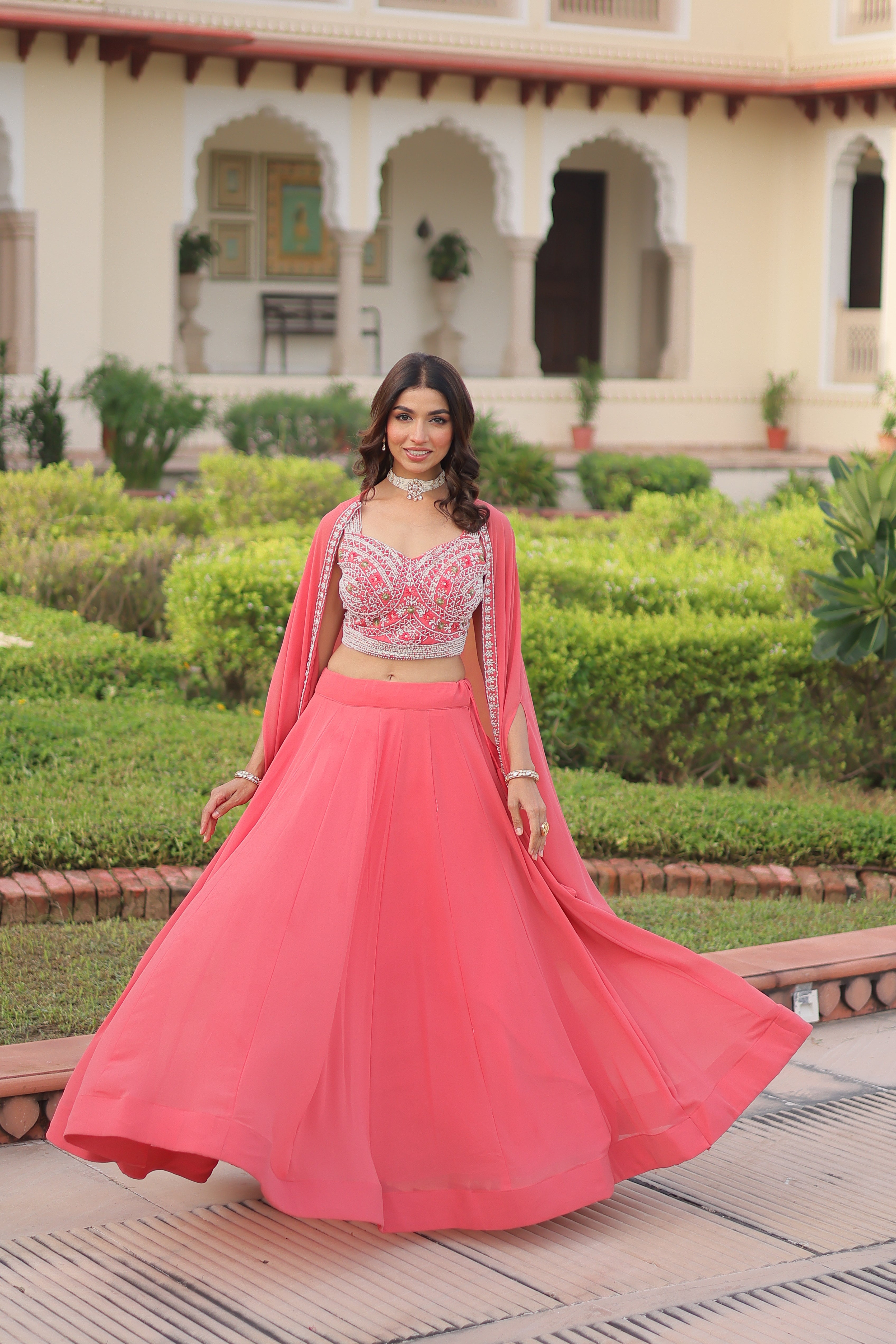 Sanika peach faux georgette lehenga choli with beads embroidery and shrug