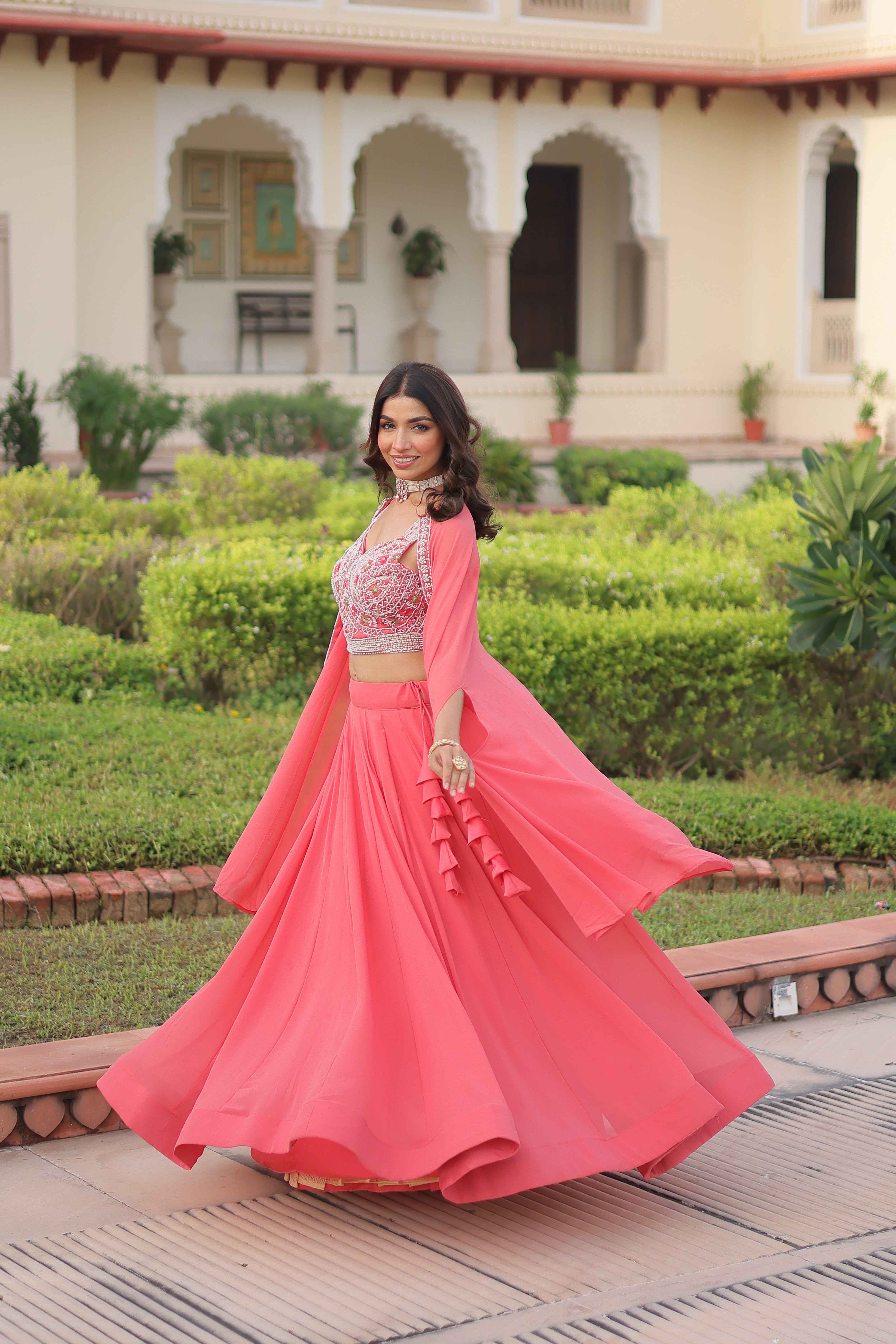Sanika peach faux georgette lehenga choli with beads embroidery and shrug